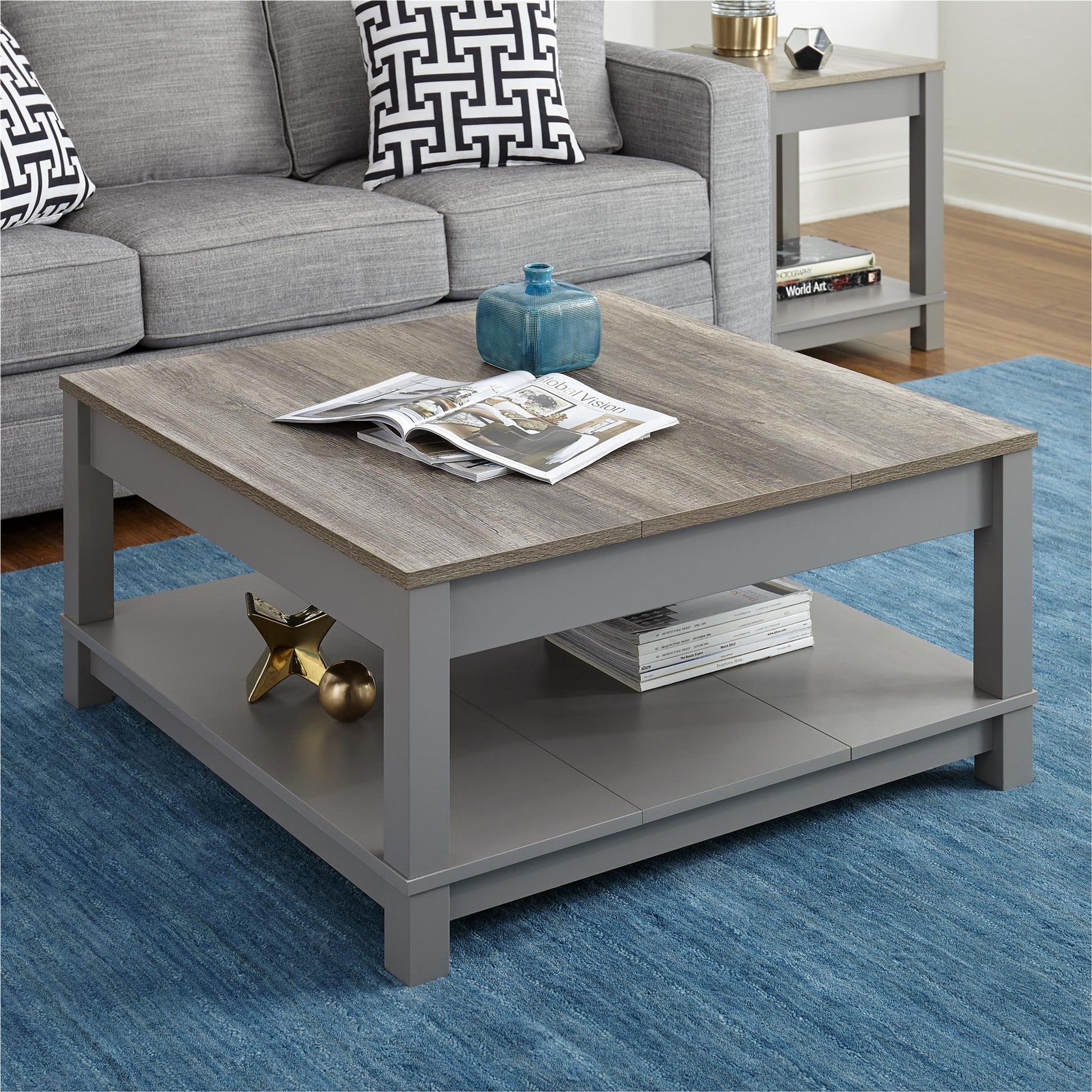 Carver Coffee Table with Bottom Magazine Storage Shelf - Gray