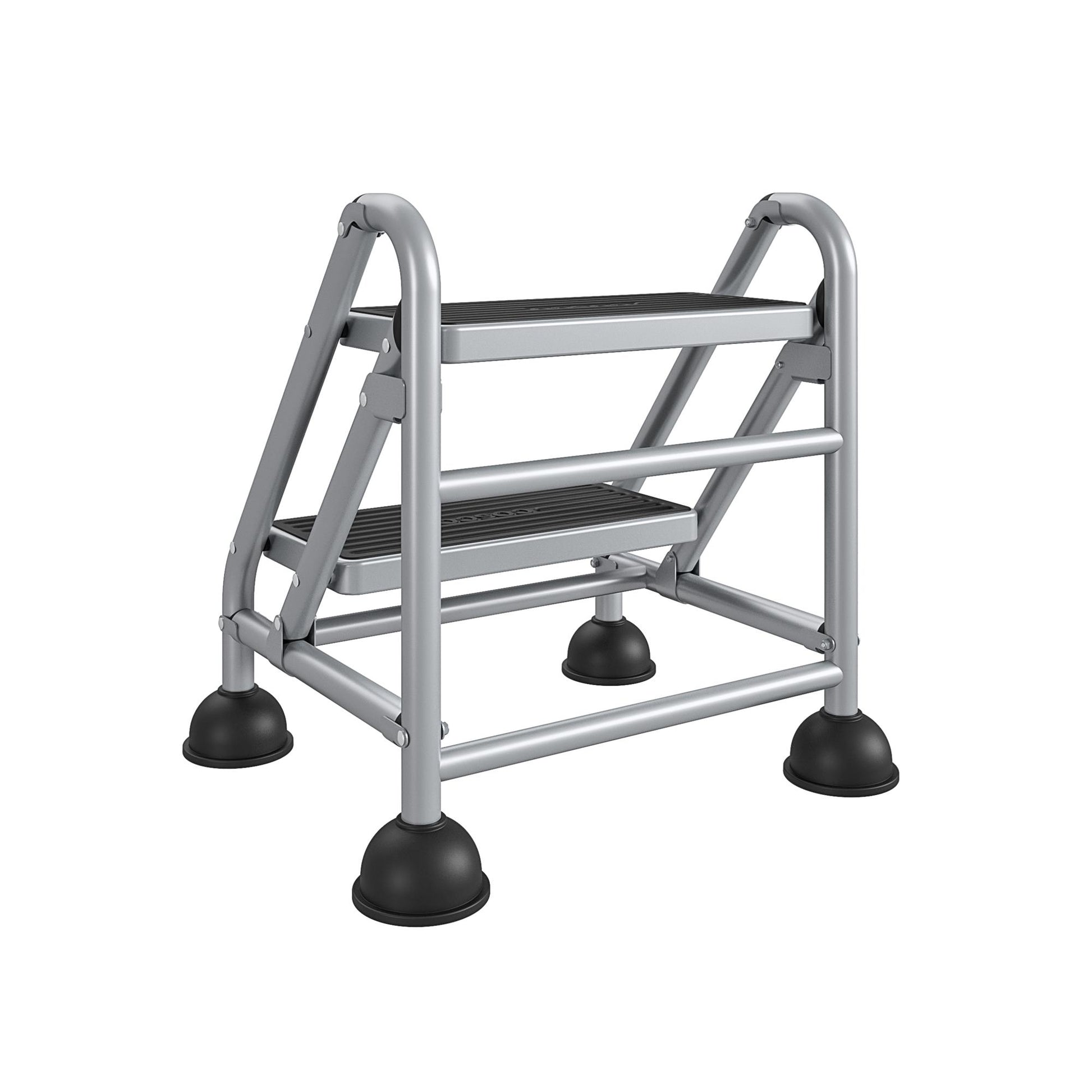 2 Step Commercial Rolling Step Ladder with Suction Cup Stabalizers - Grey/Grey/Blue