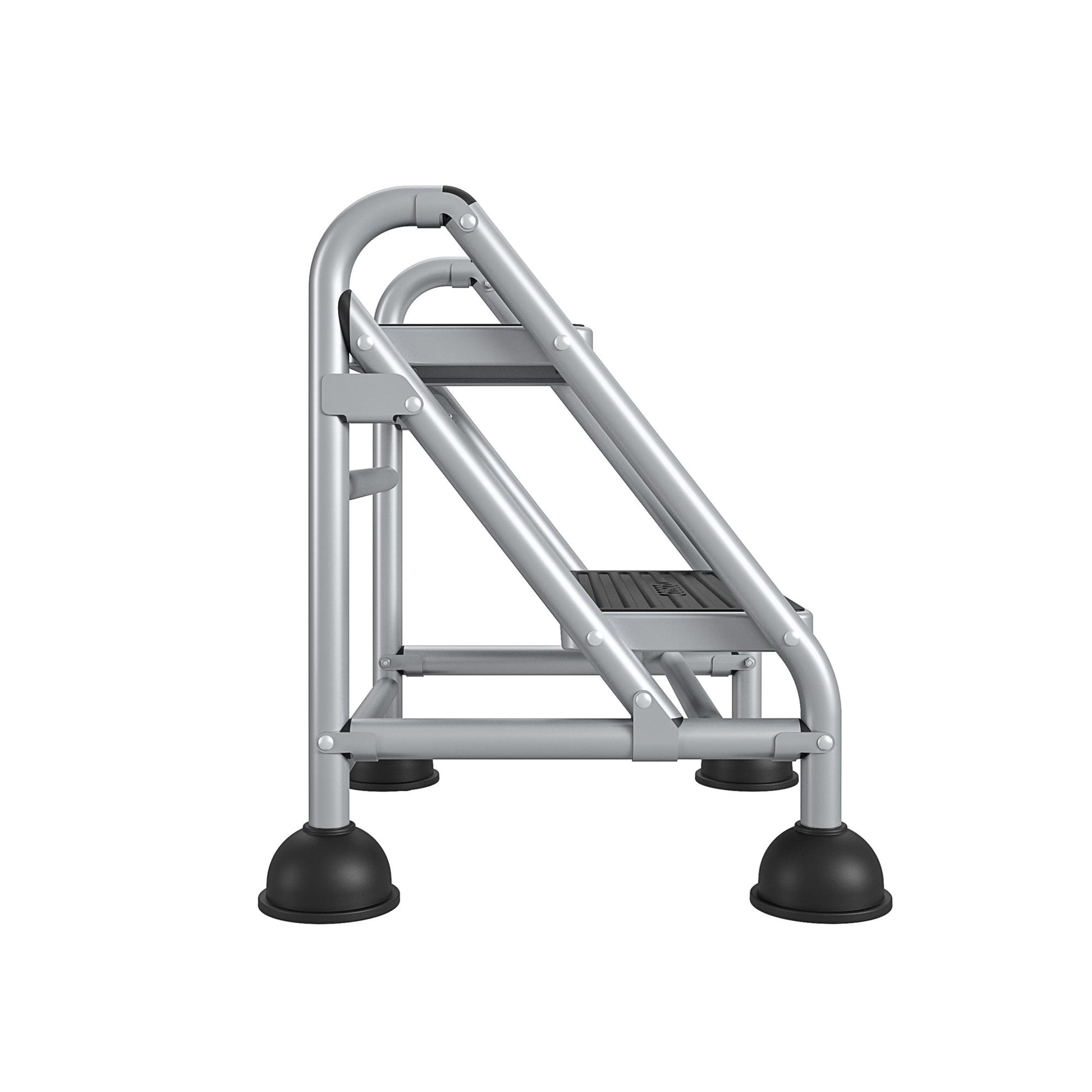 2 Step Commercial Rolling Step Ladder with Suction Cup Stabalizers - Grey/Grey/Blue
