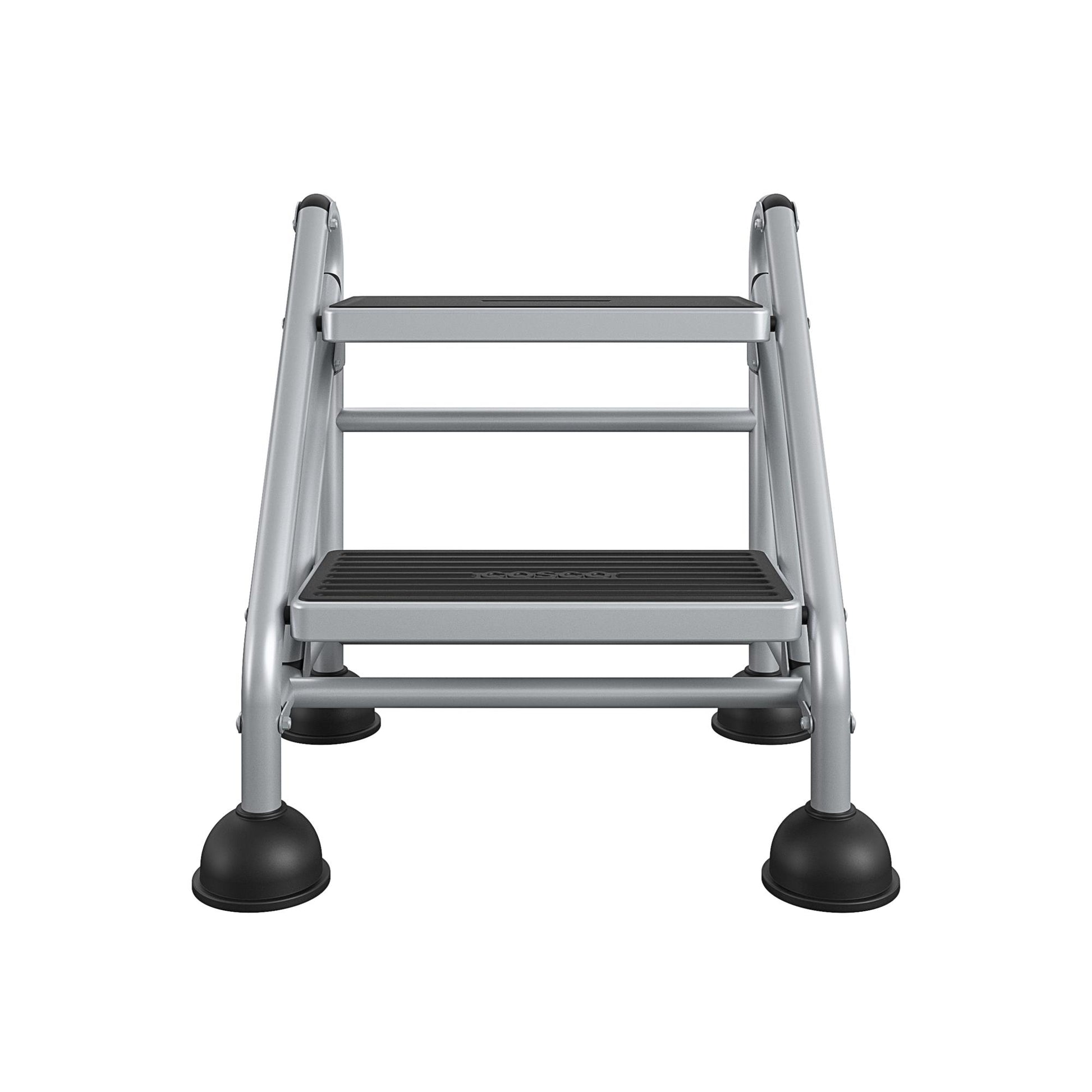 2 Step Commercial Rolling Step Ladder with Suction Cup Stabalizers - Grey/Grey/Blue