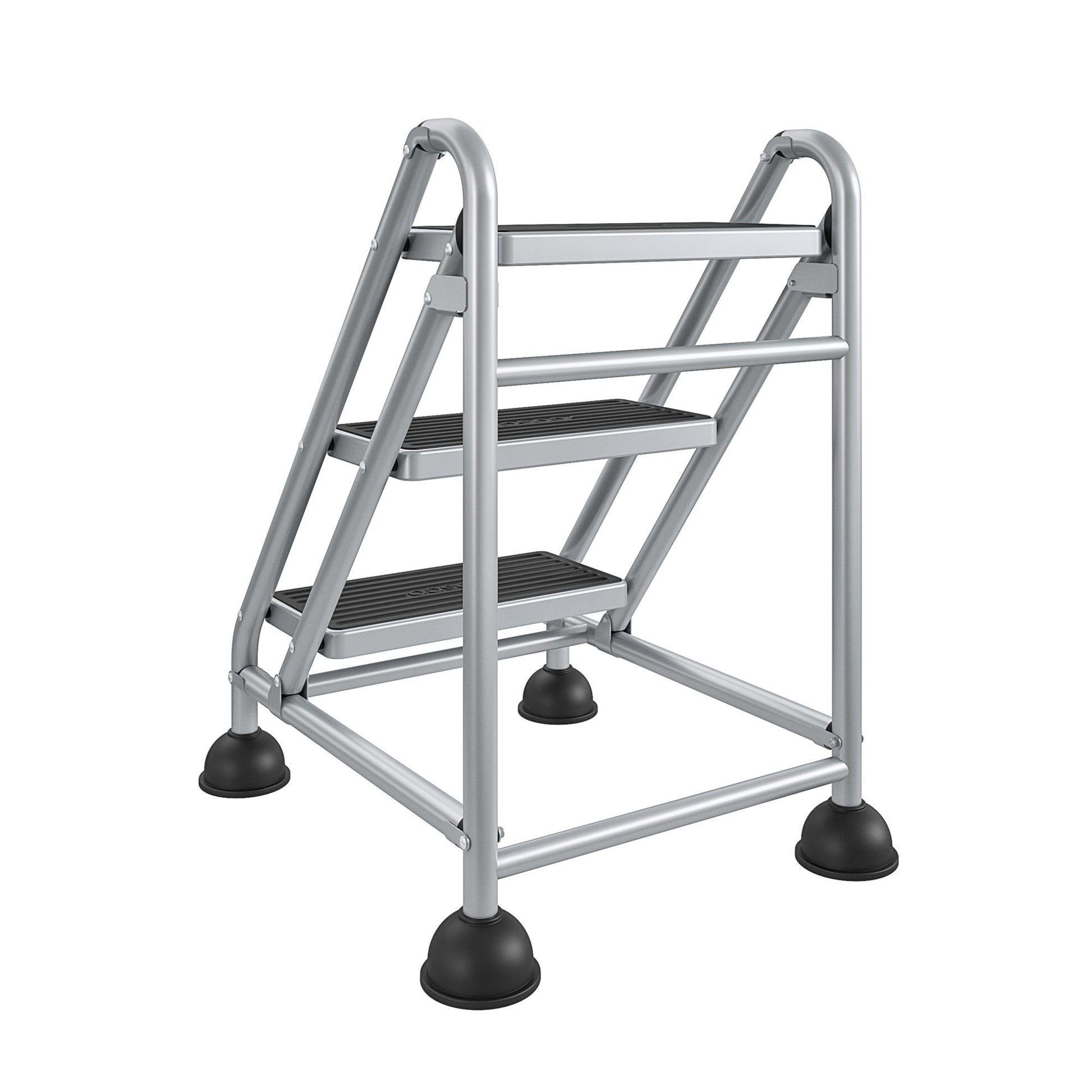 3 Step Commercial Rolling Step Ladder with Suction Cup Stabalizers - Grey/Grey/Blue