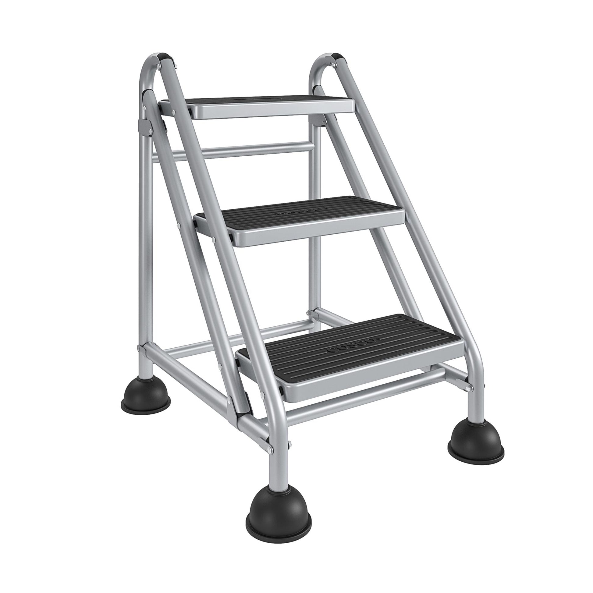 3 Step Commercial Rolling Step Ladder with Suction Cup Stabalizers - Grey/Grey/Blue