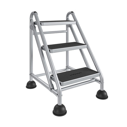3 Step Commercial Rolling Step Ladder with Suction Cup Stabalizers - Grey/Grey/Blue