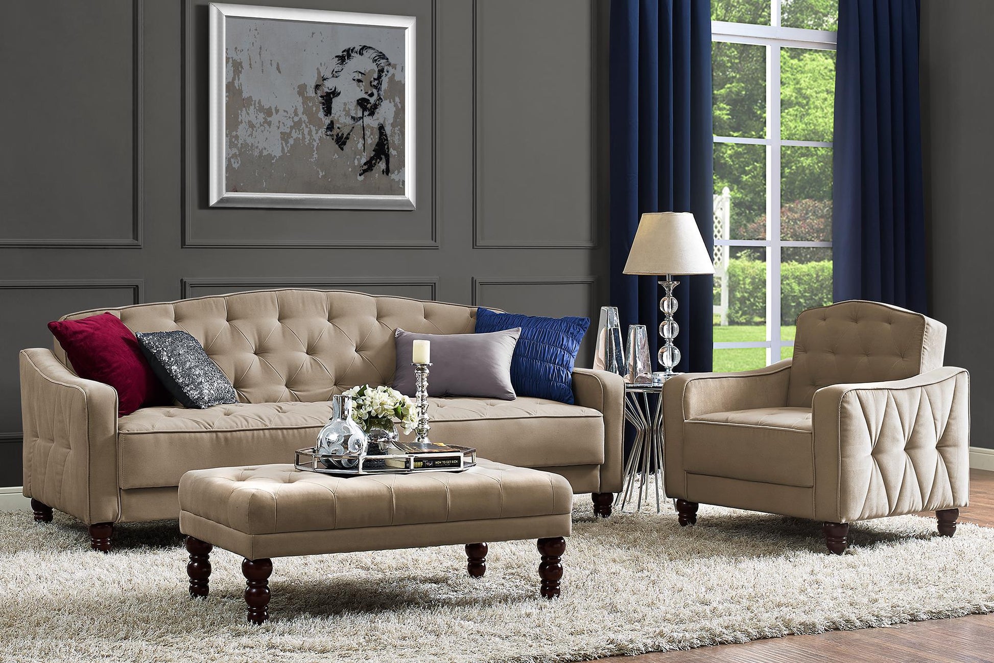 Novogratz Vintage Tufted Sofa Sleeper II, Taupe Velour - Tan