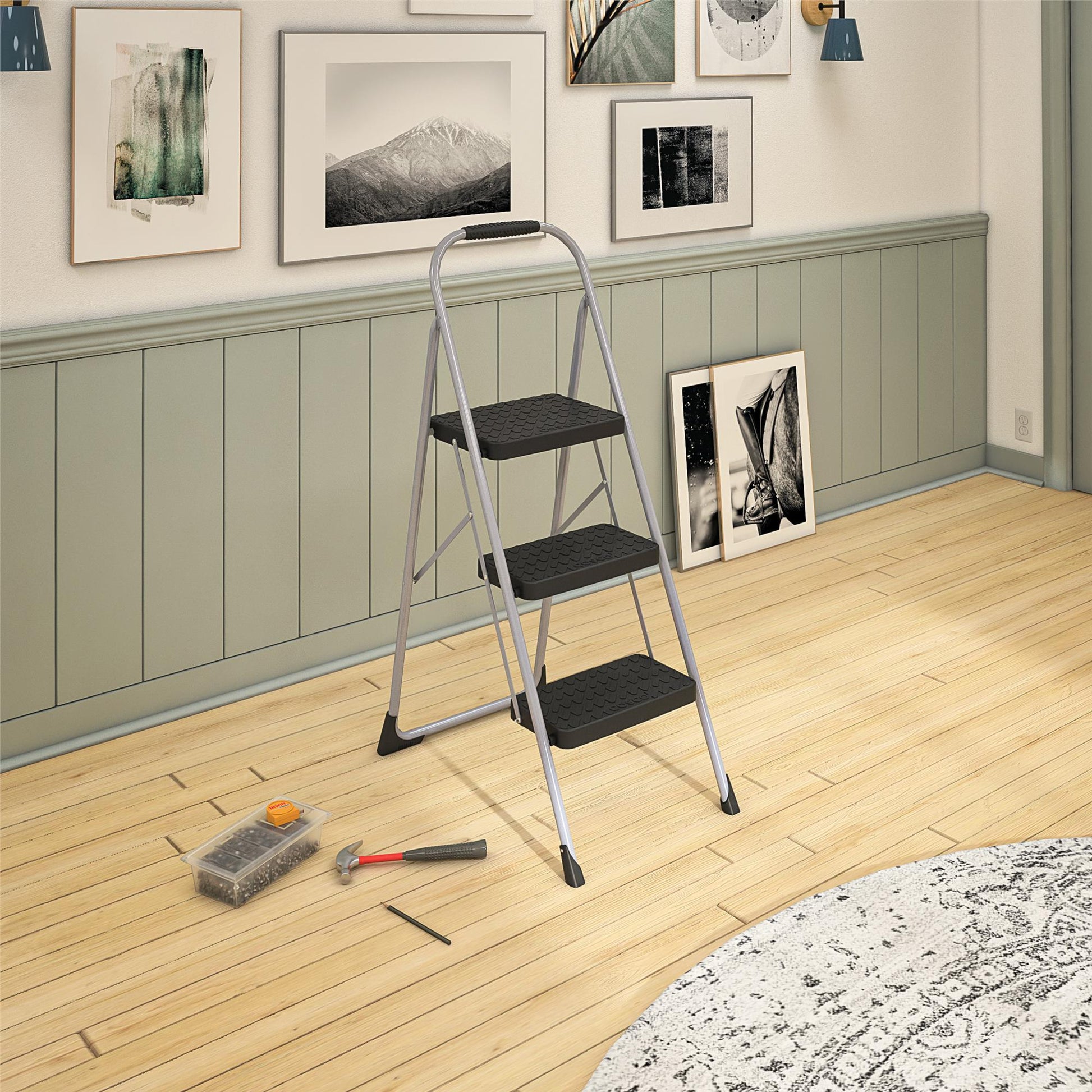 3 Step Steel Folding Step Stool with Slip-Resistant Treads - Platinum/Black - 1-Pack