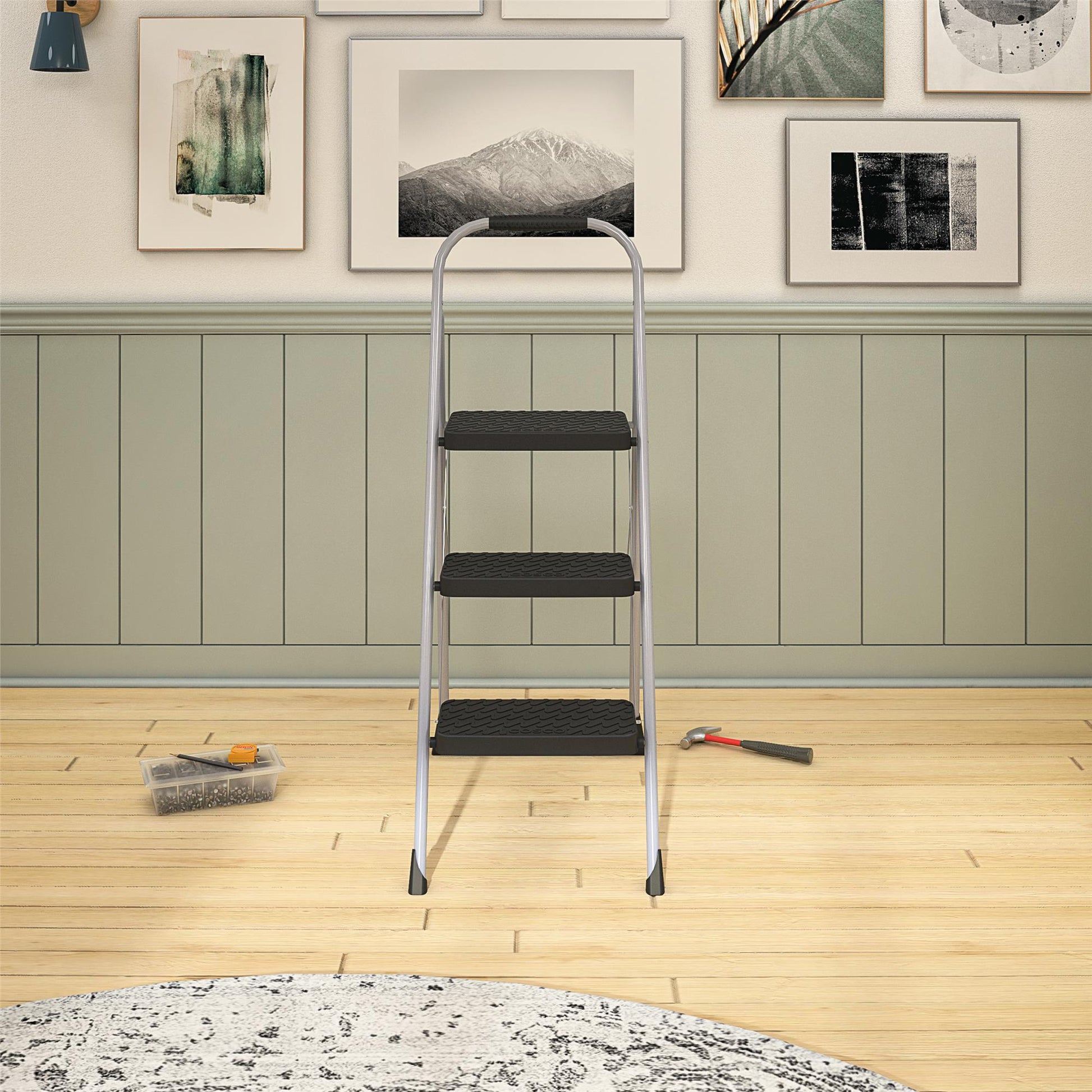 3 Step Steel Folding Step Stool with Slip-Resistant Treads - Platinum/Black - 1-Pack