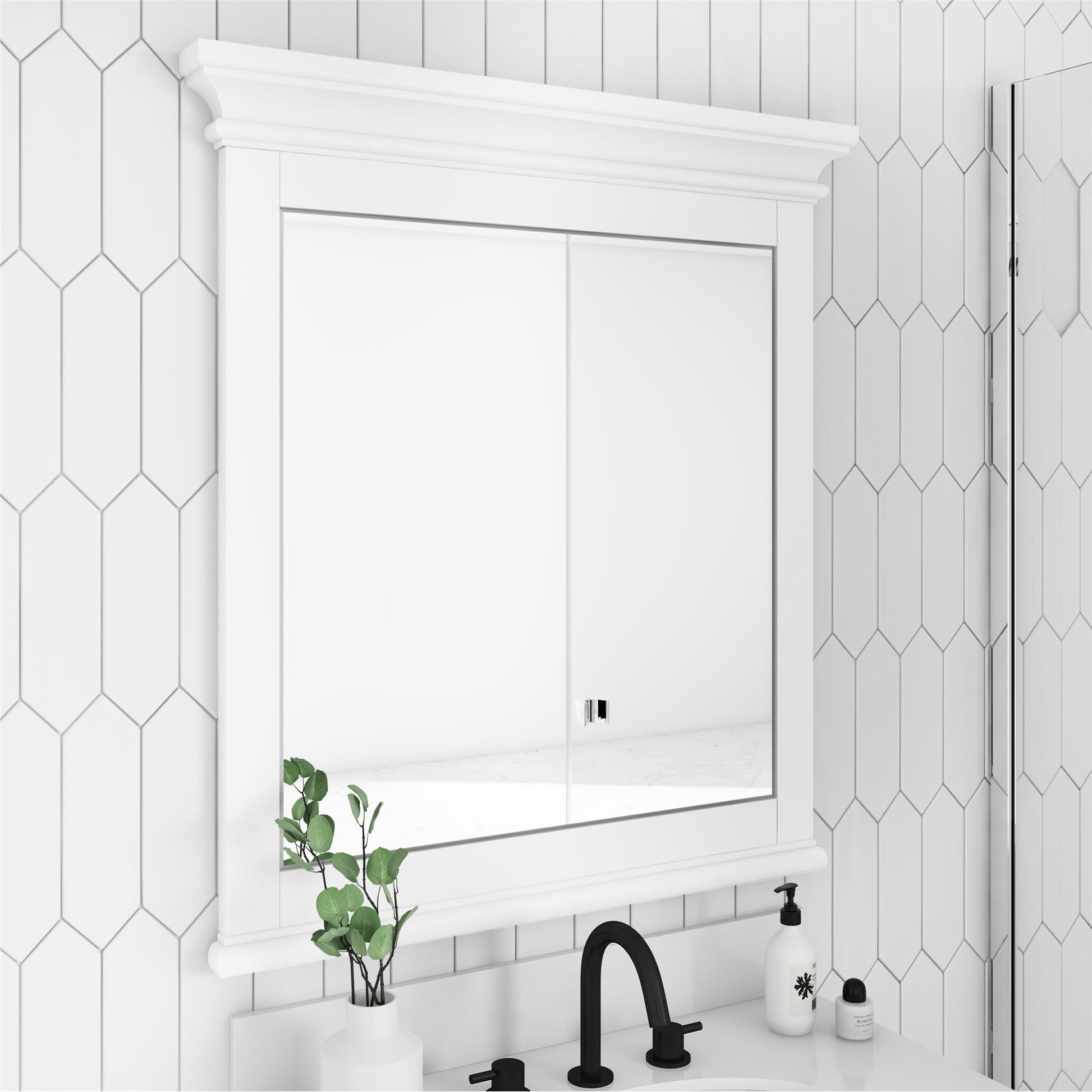 Monteray Beach 24 Inch Bathroom Mirror with Decorative Crown Molding - White - 30"