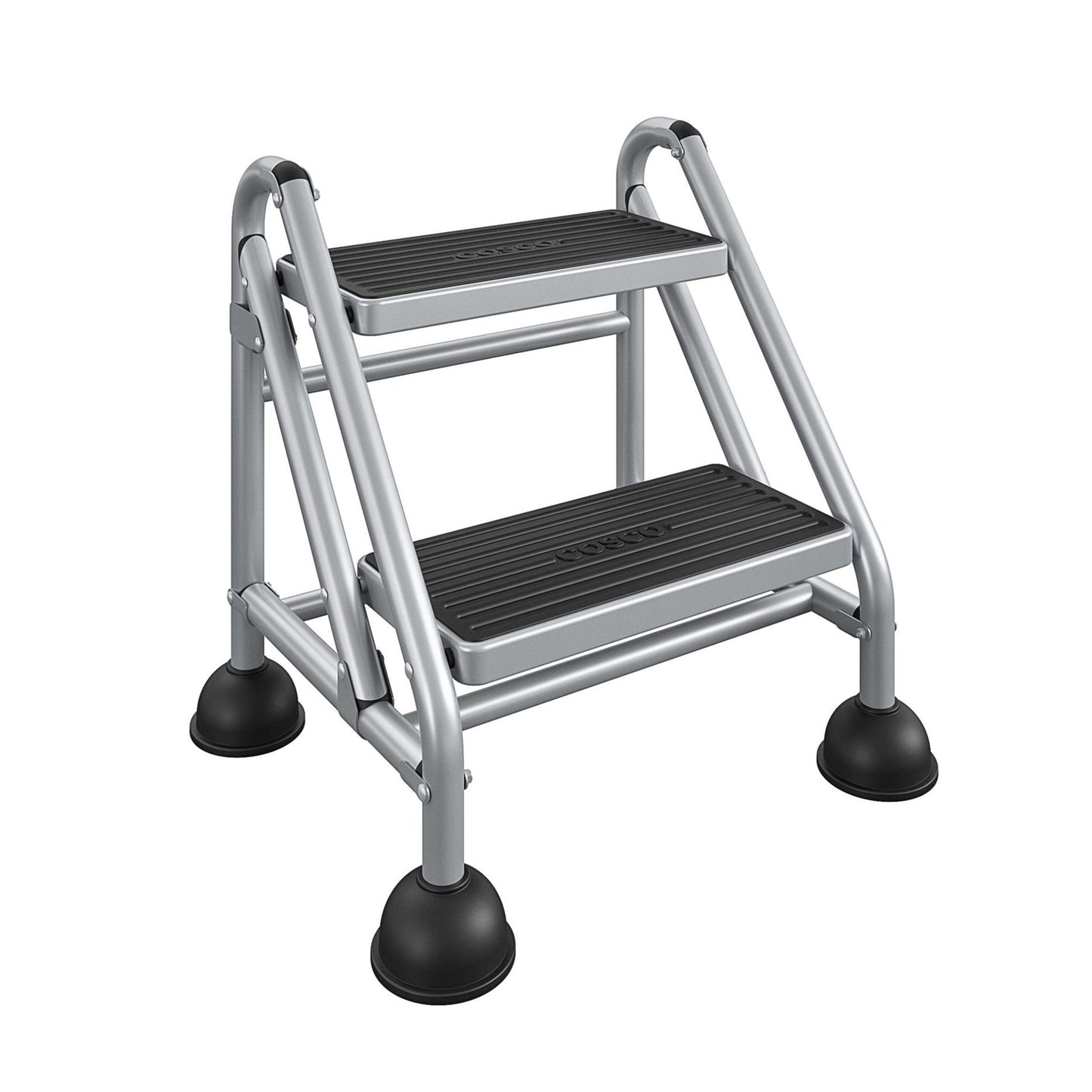 2 Step Commercial Rolling Step Ladder with Suction Cup Stabalizers - Grey/Grey/Blue