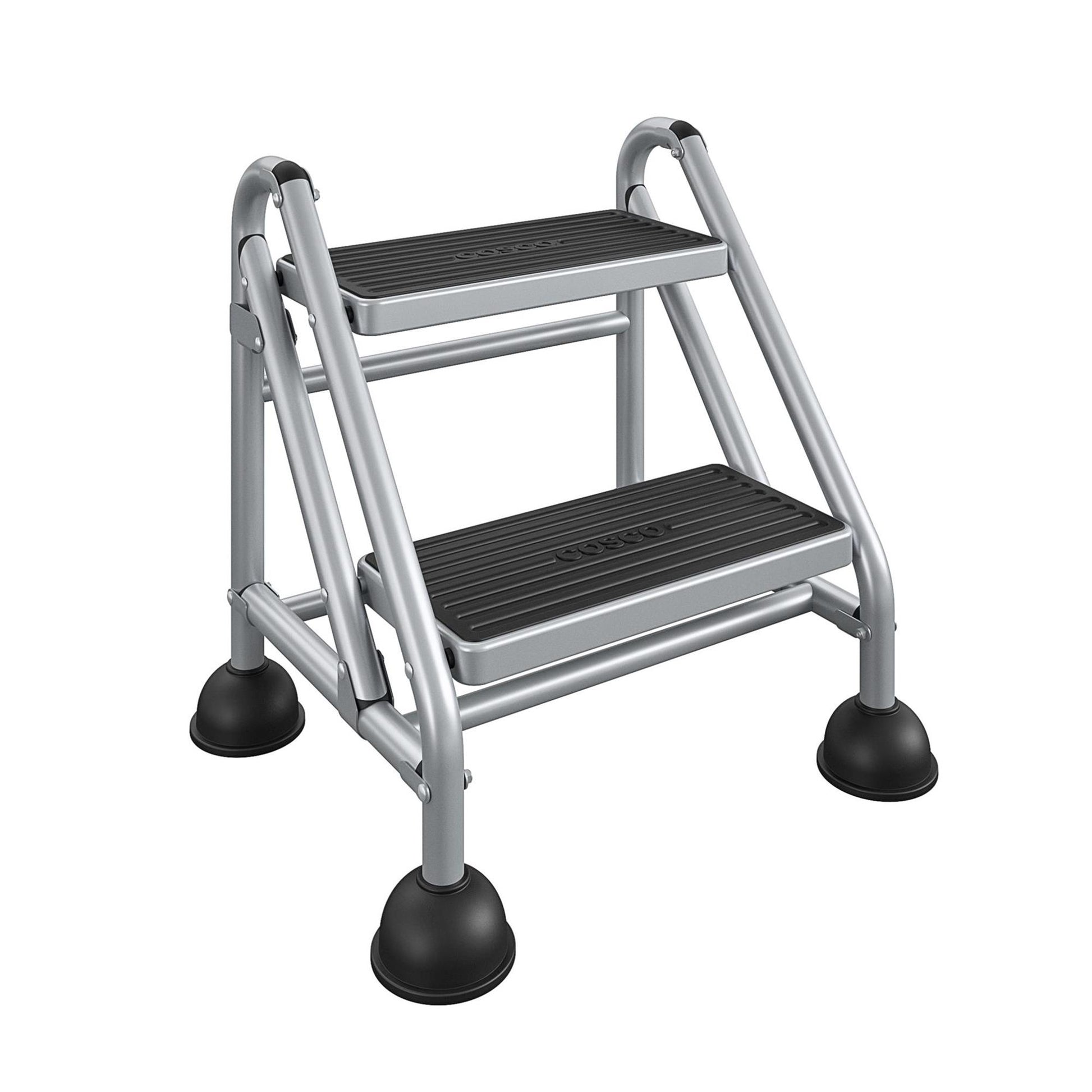 2 Step Commercial Rolling Step Ladder with Suction Cup Stabalizers - Grey/Grey/Blue