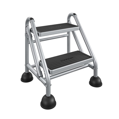 2 Step Commercial Rolling Step Ladder with Suction Cup Stabalizers - Grey/Grey/Blue