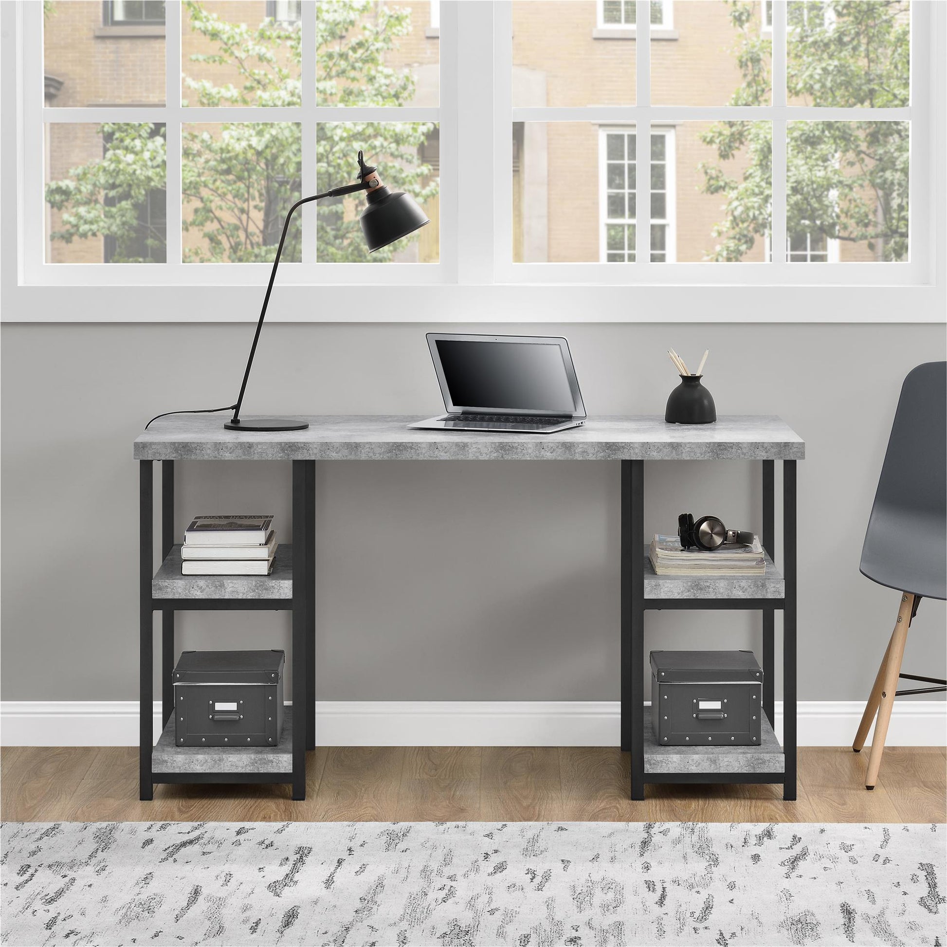 Ashlar Desk with Open Storage Shelves and Metal Legs - Light Concrete