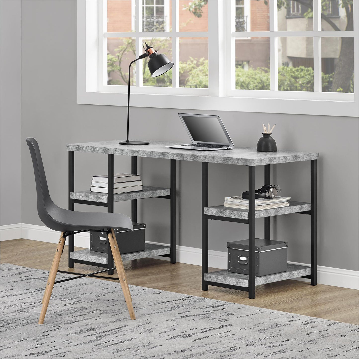 Ashlar Desk with Open Storage Shelves and Metal Legs - Light Concrete