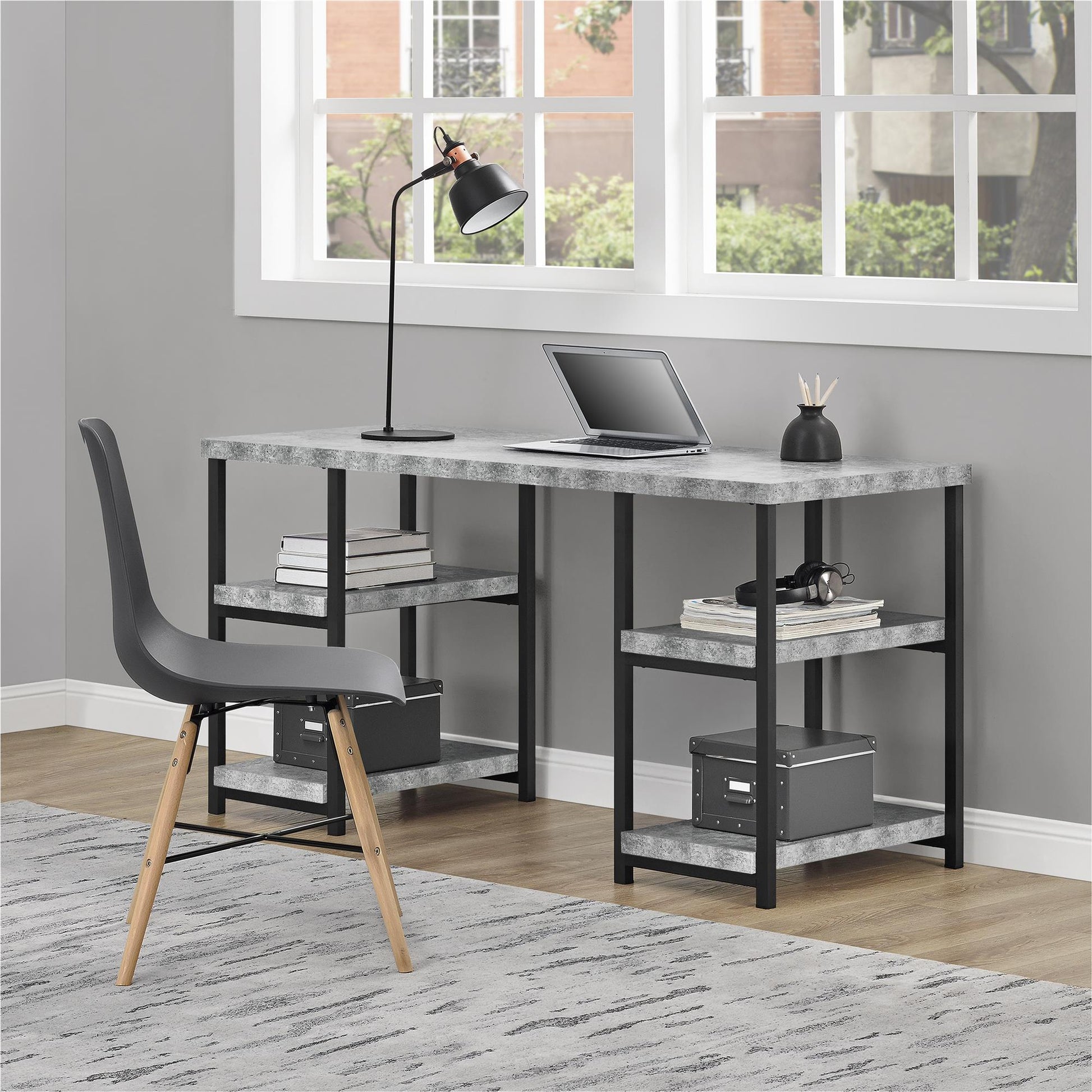 Ashlar Desk with Open Storage Shelves and Metal Legs - Light Concrete