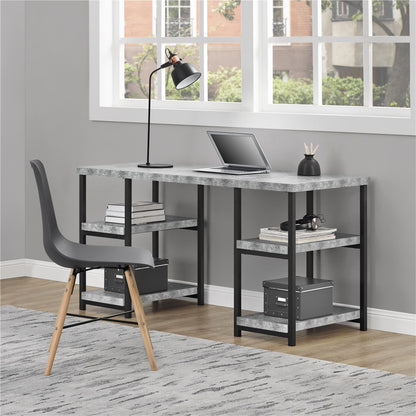Ashlar Desk with Open Storage Shelves and Metal Legs - Light Concrete