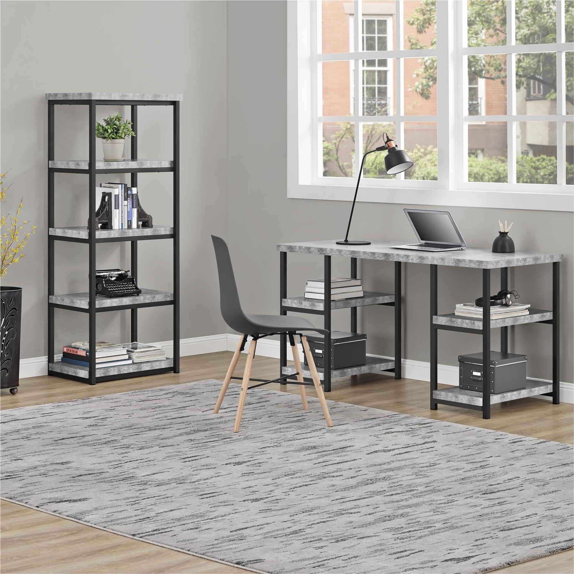 Ashlar Desk with Open Storage Shelves and Metal Legs - Light Concrete