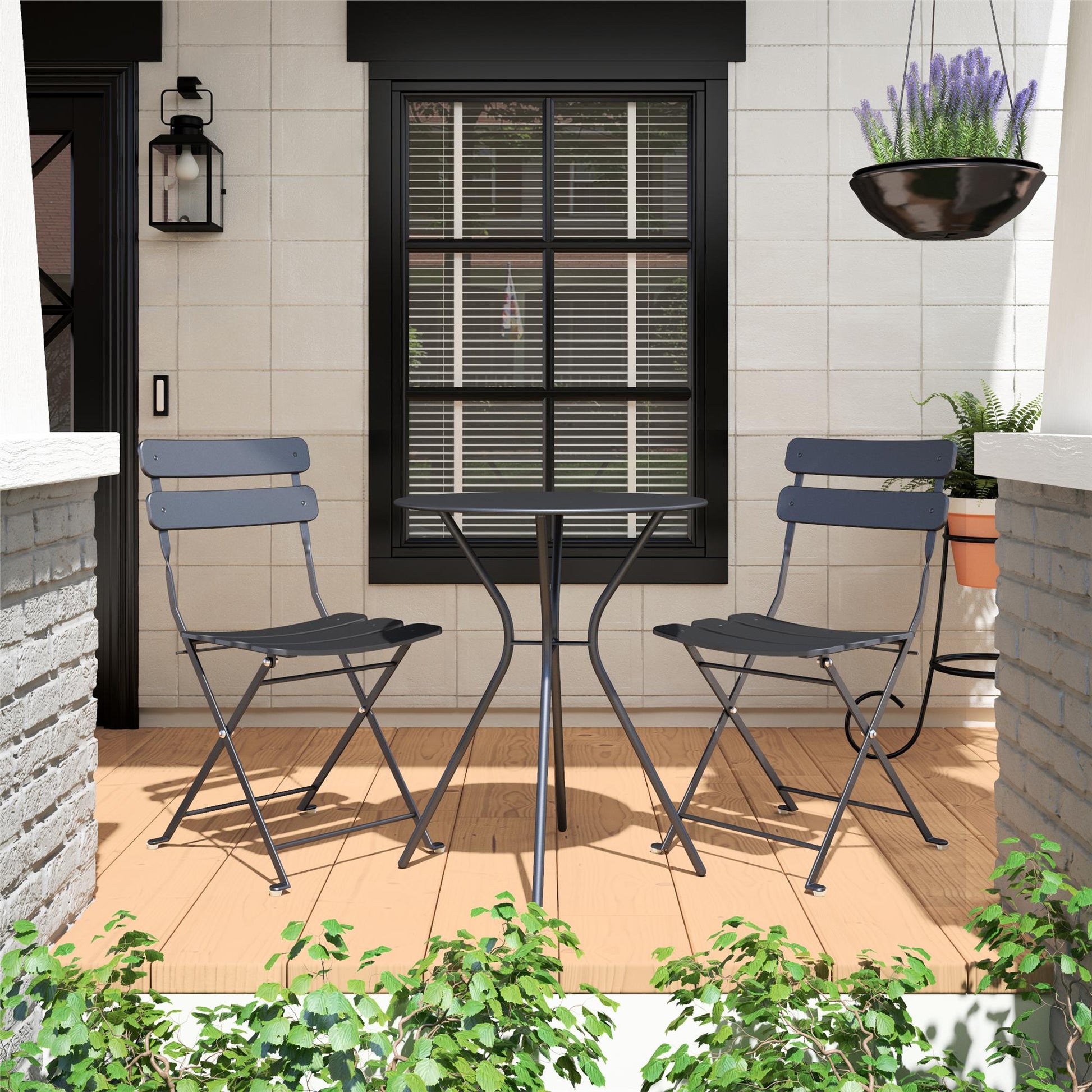 Outdoor Dining Set 3 Piece Bistro Set with 2 Folding Chairs and Round Table - Black