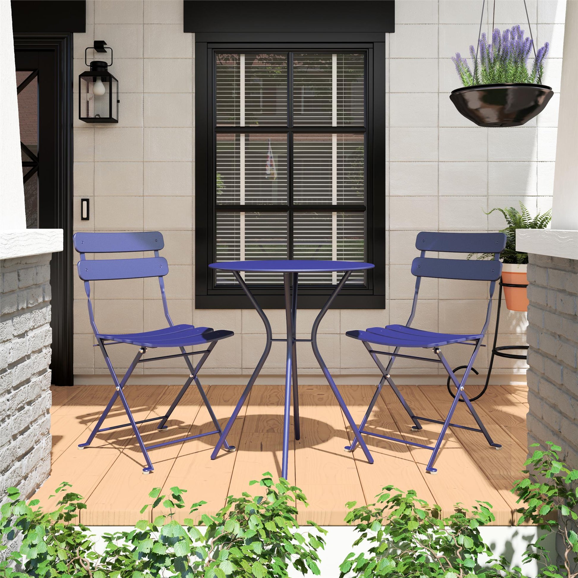 Outdoor Dining Set 3 Piece Bistro Set with 2 Folding Chairs and Round Table - Navy