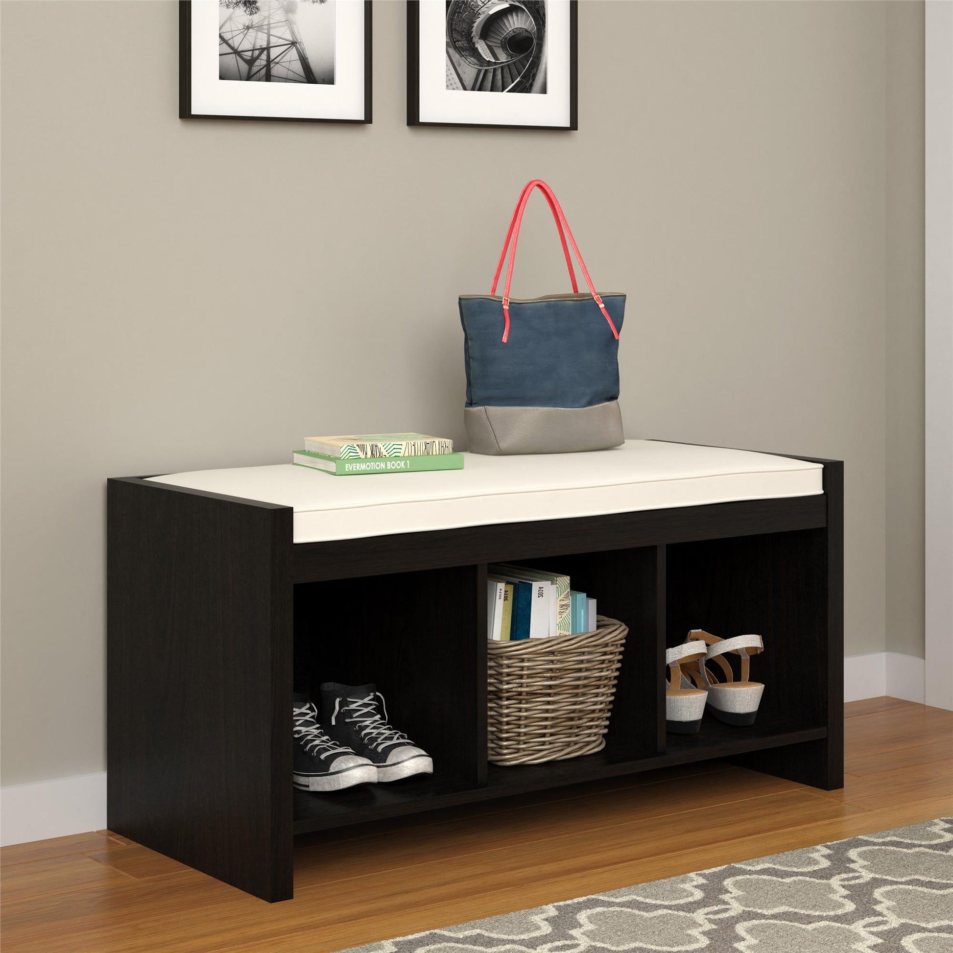 Penelope Entryway Storage Bench with Cushion and Cubbies - Espresso