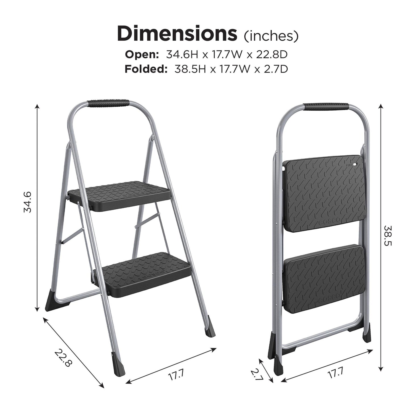 2 Step Steel Folding Step Stool with Slip-Resistant Treads - Platinum/Black - 1-Pack