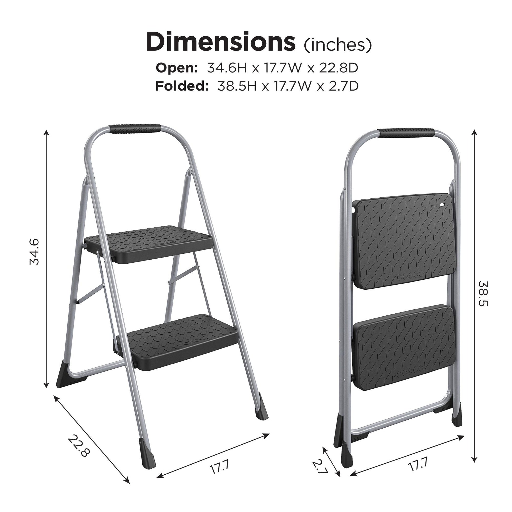 2 Step Steel Folding Step Stool with Slip-Resistant Treads - Platinum/Black - 1-Pack