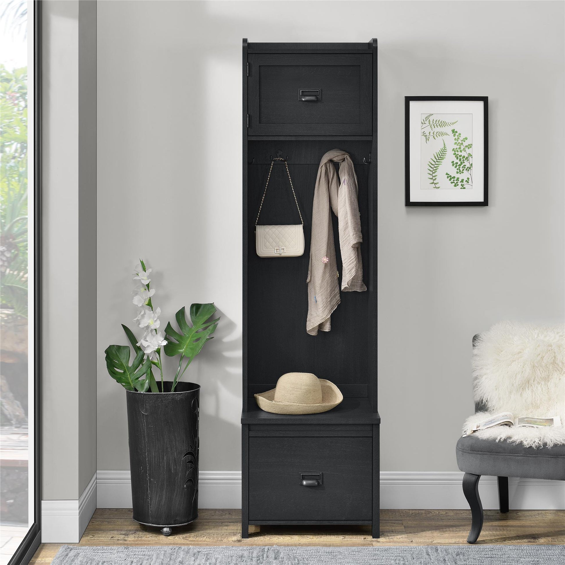 Farmington Rustic Farmhouse Entryway Hall Tree with Storage Bench - Black Oak