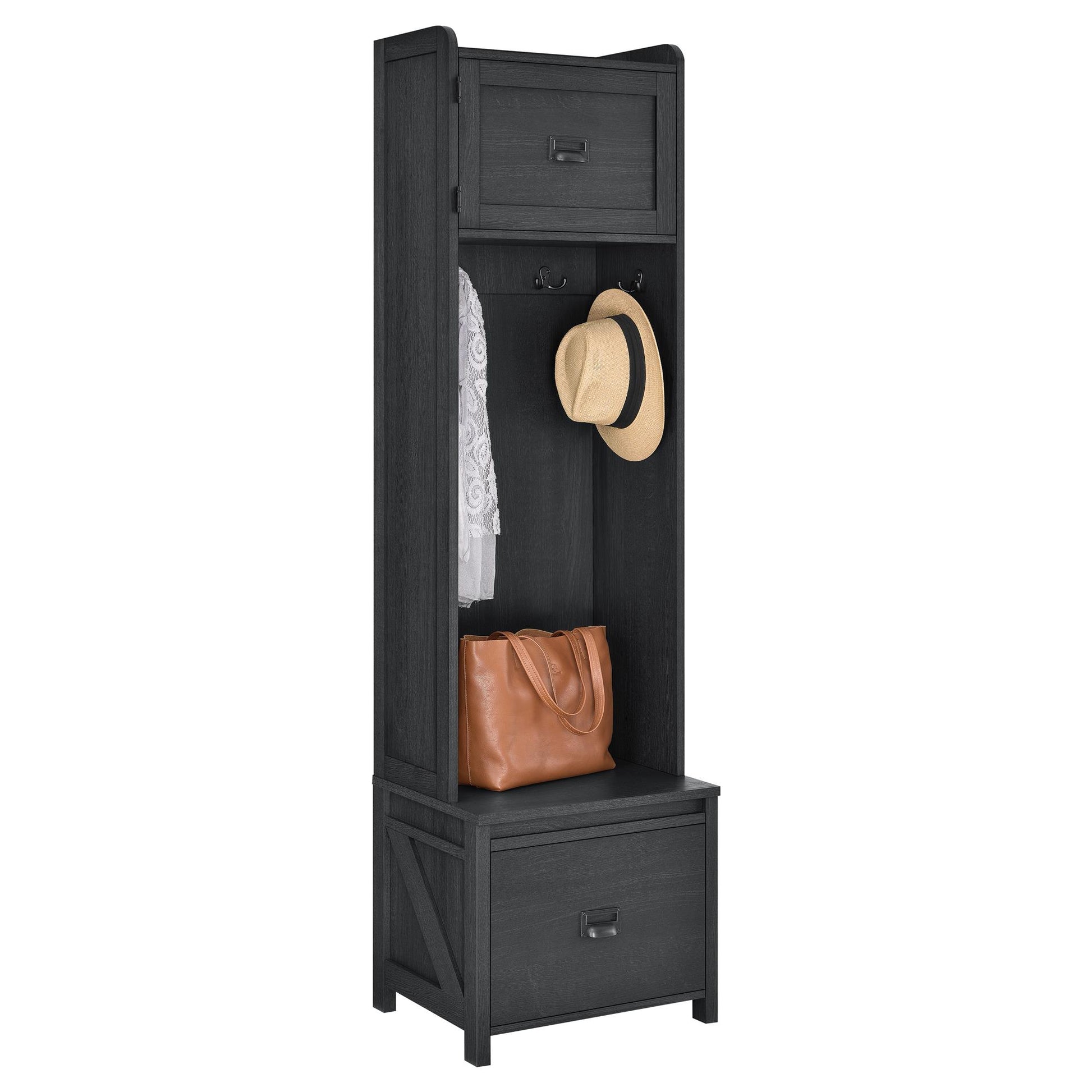 Farmington Rustic Farmhouse Entryway Hall Tree with Storage Bench - Black Oak