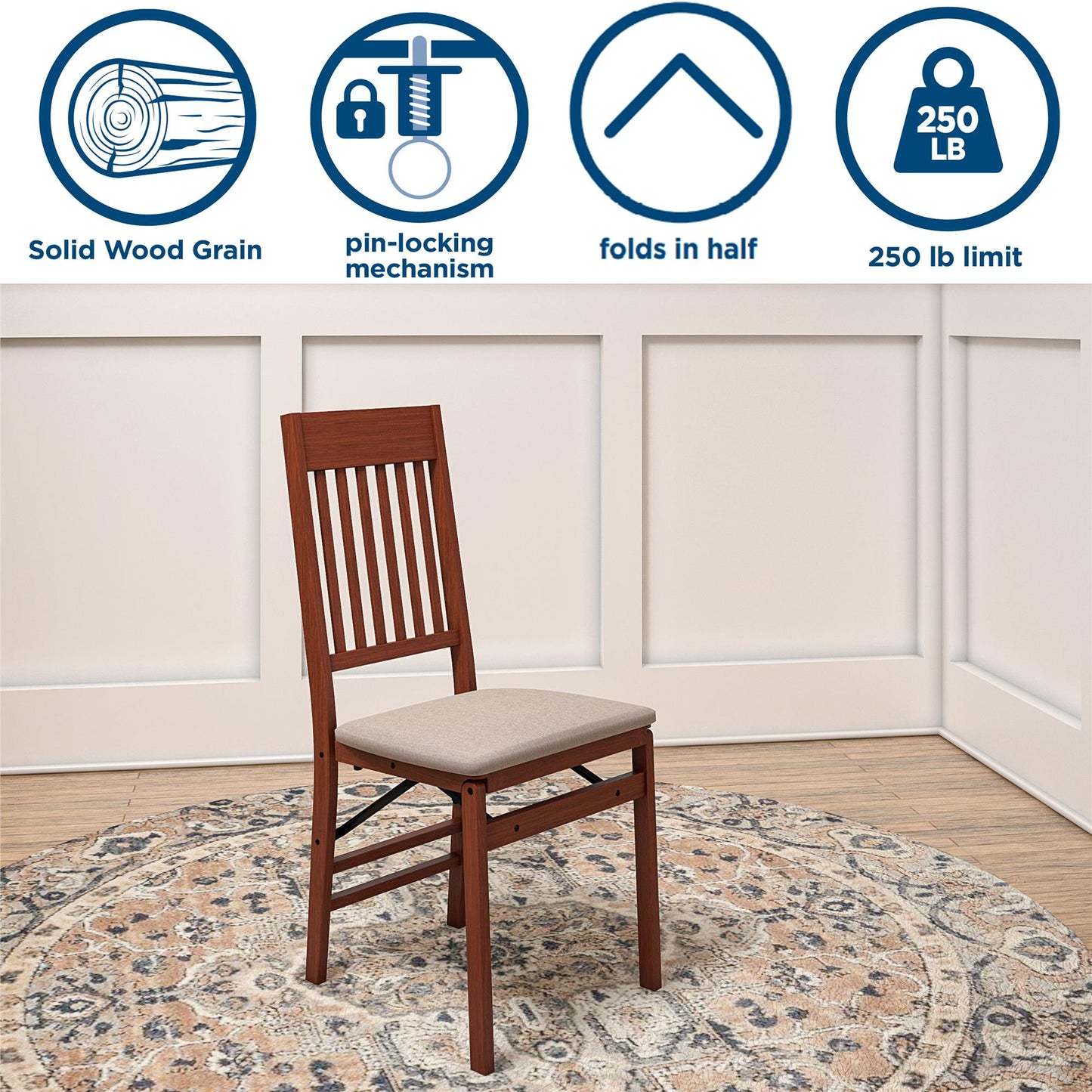 Mission Back Solid Wood Folding Chair with Fabric Padded Seat, Set of 2 - Walnut - 2-Pack