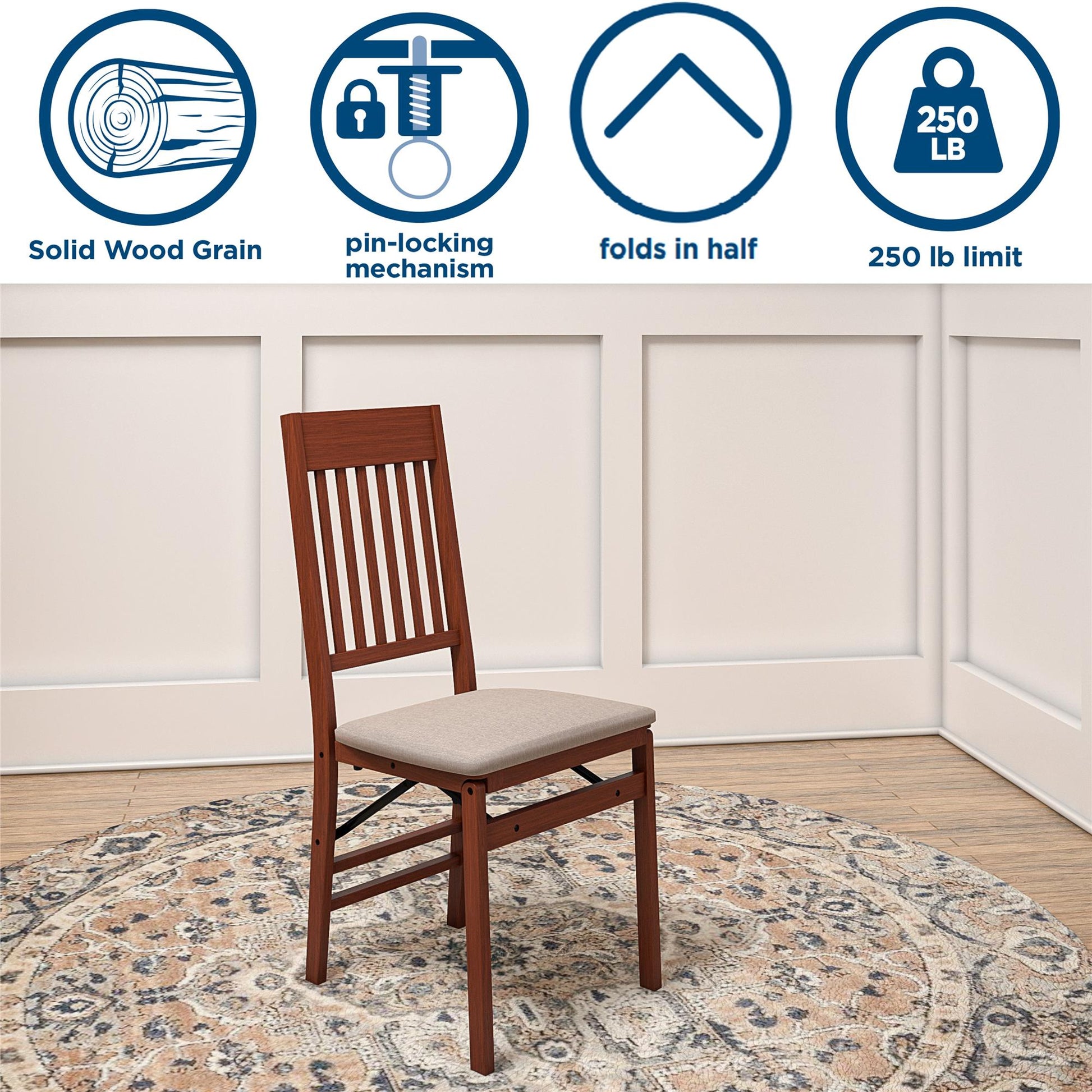 Mission Back Solid Wood Folding Chair with Fabric Padded Seat, Set of 2 - Walnut - 2-Pack