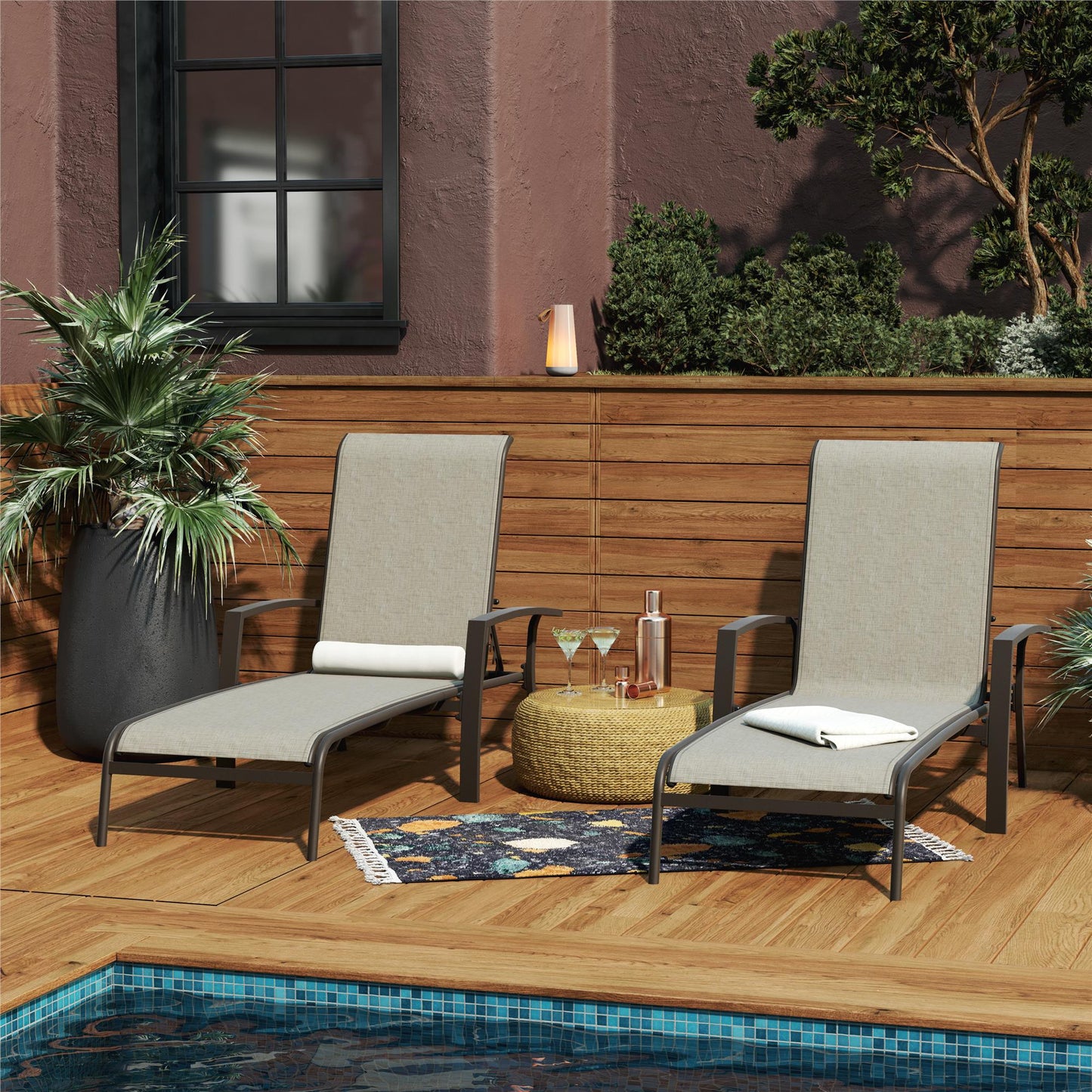 Outdoor Adjustable Aluminum Chaise Lounge Chairs, Set of 2 - Brown - 2-Pack