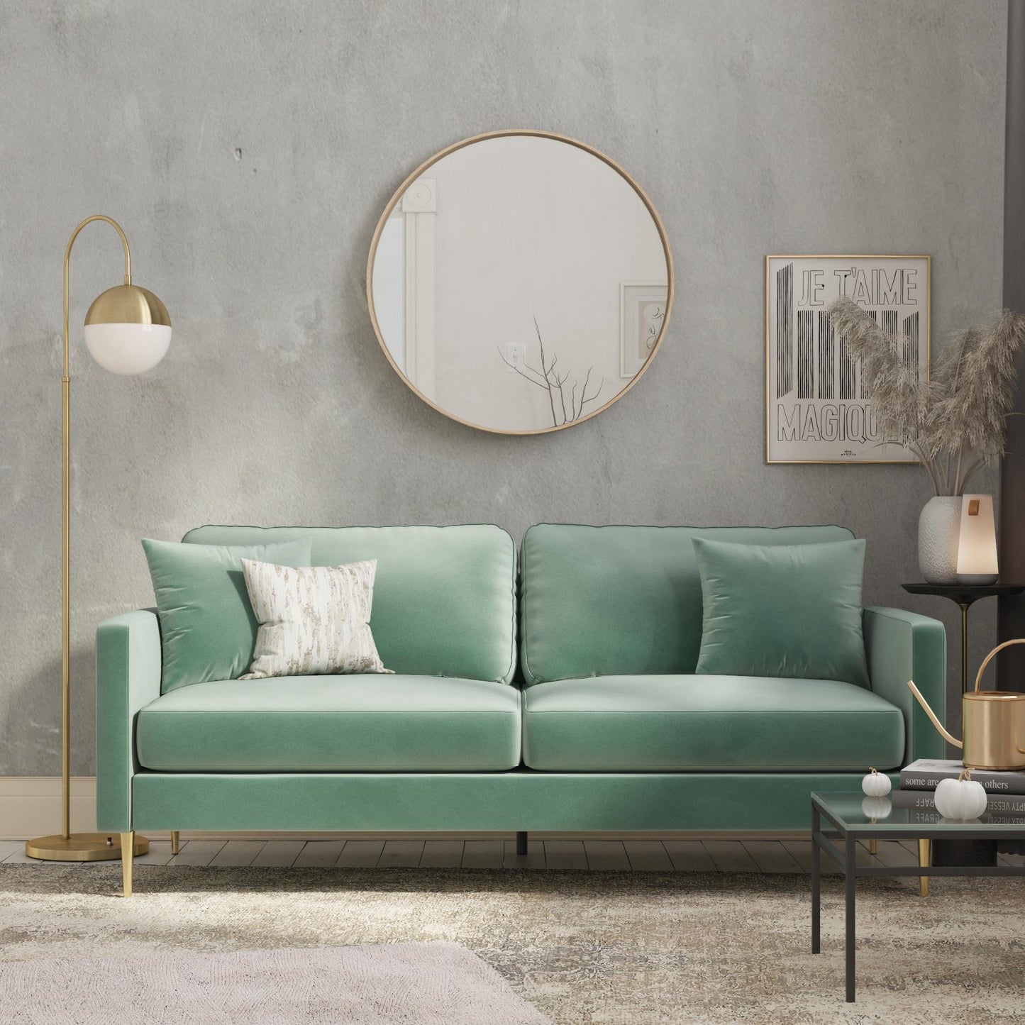 Highland 72 Inch Velvet Sofa with Matching Pillows - Seafoam Green