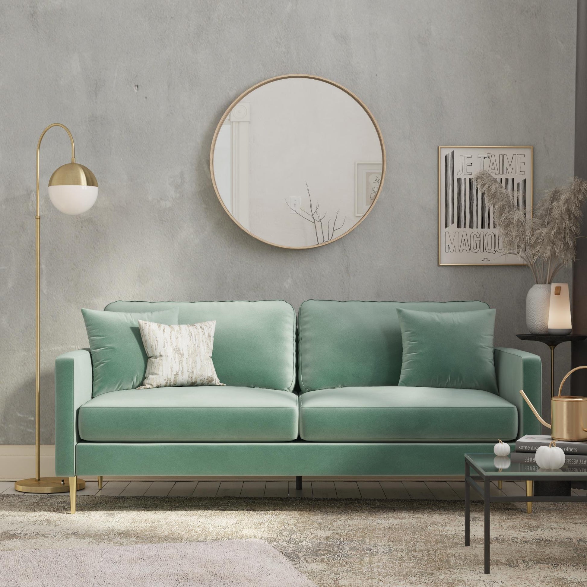 Highland 72 Inch Velvet Sofa with Matching Pillows - Seafoam Green