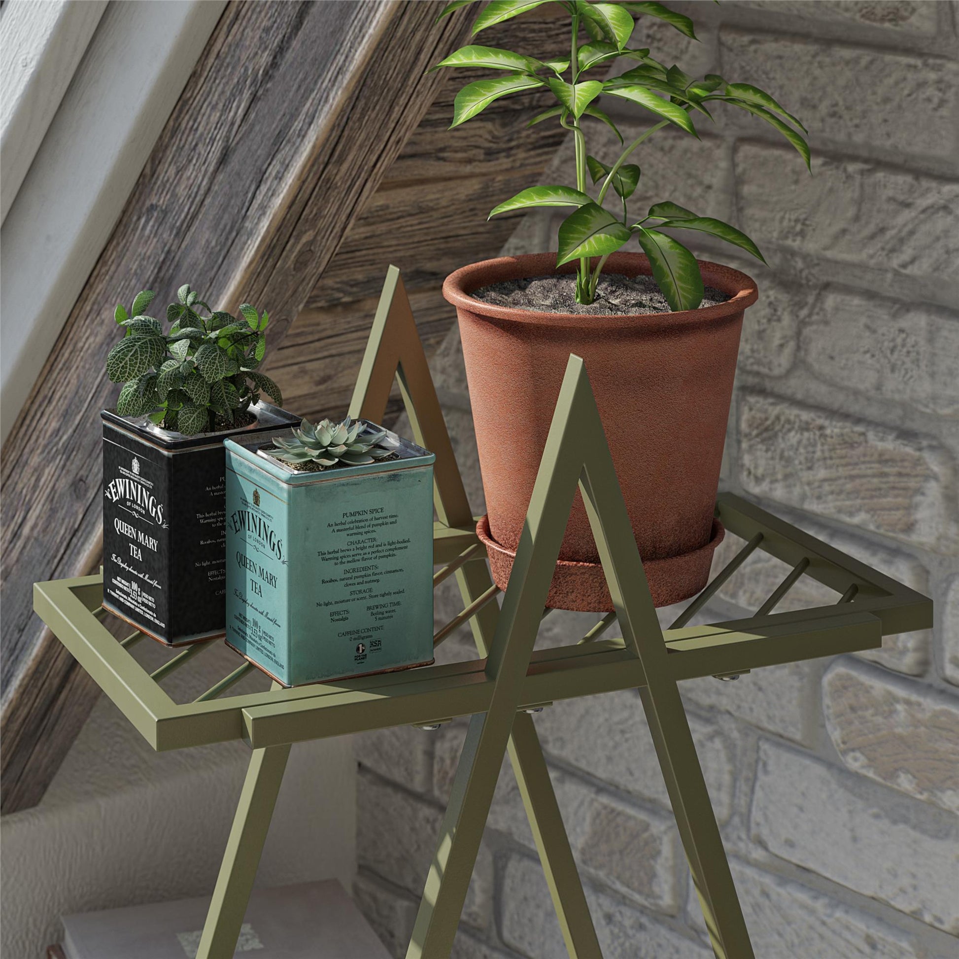 Botanika Plant Stand with 2 Metal Shelves for Potted Flowers - Olive Green