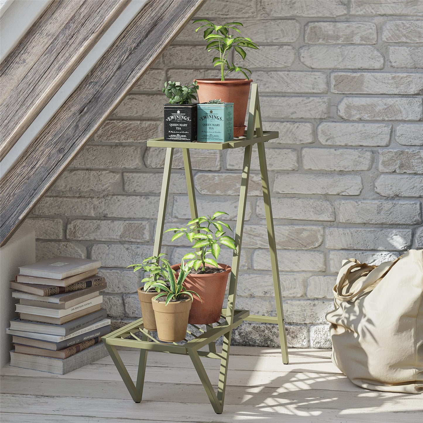 Botanika Plant Stand with 2 Metal Shelves for Potted Flowers - Olive Green