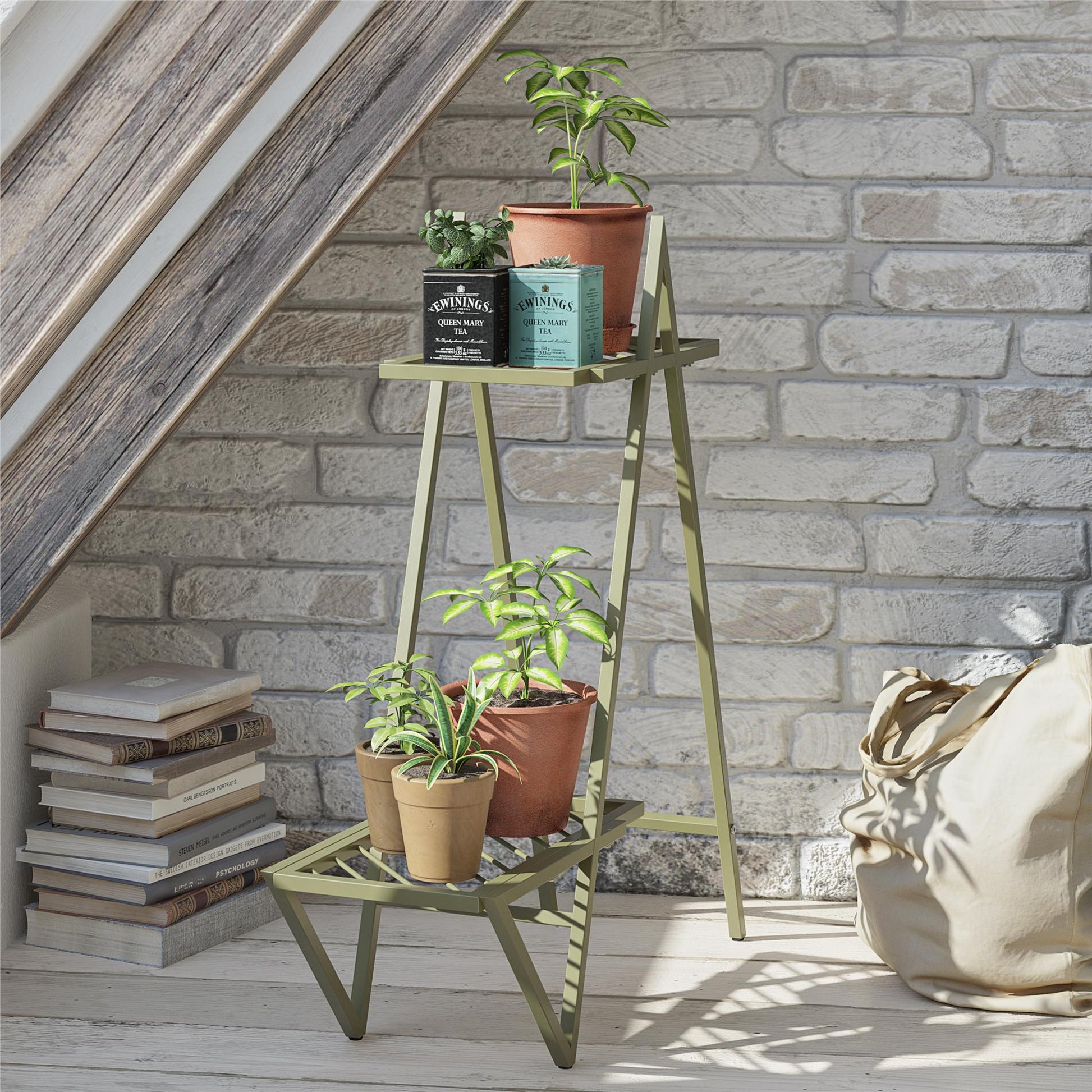 Botanika Plant Stand with 2 Metal Shelves for Potted Flowers - Olive Green