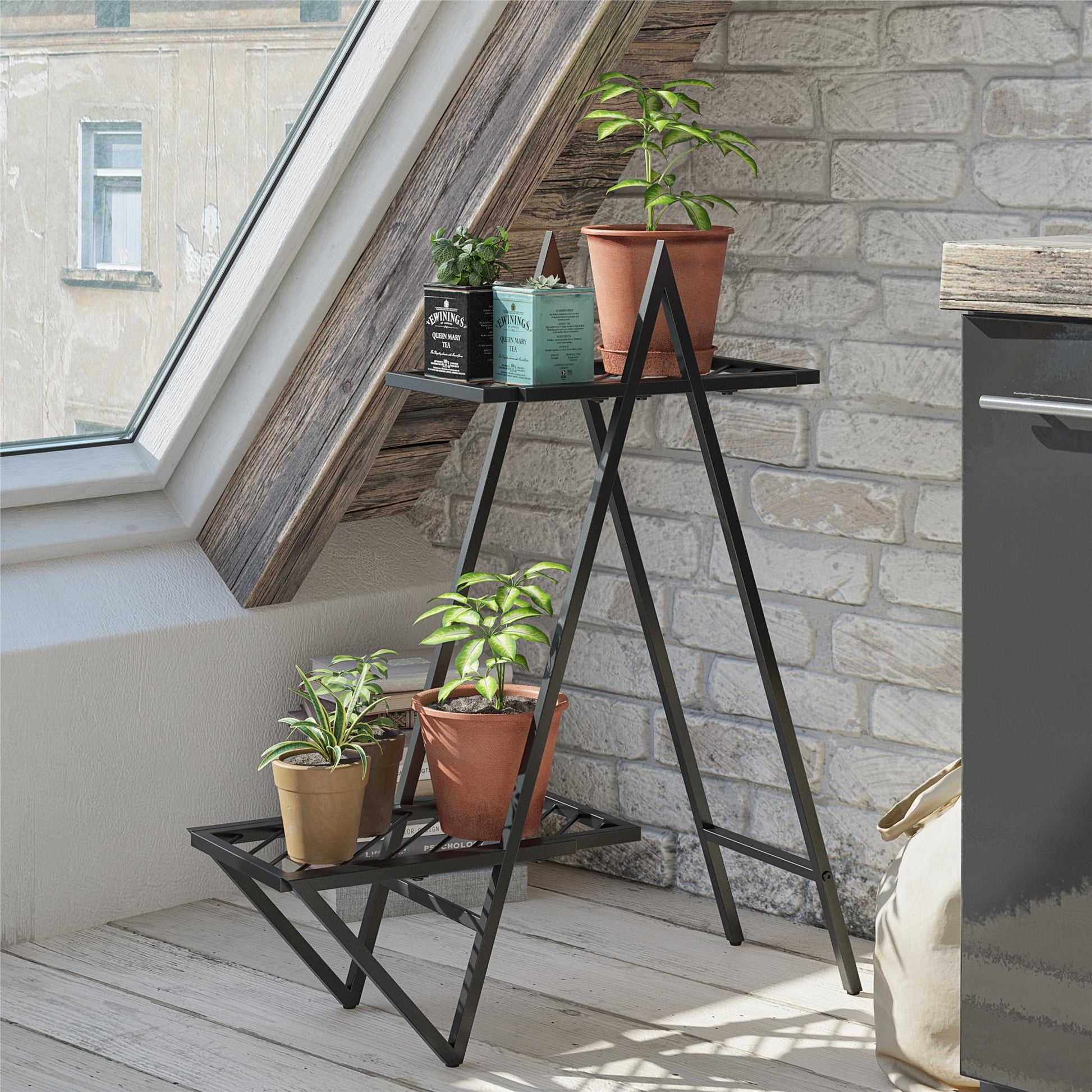 Botanika Plant Stand with 2 Metal Shelves for Potted Flowers - Black