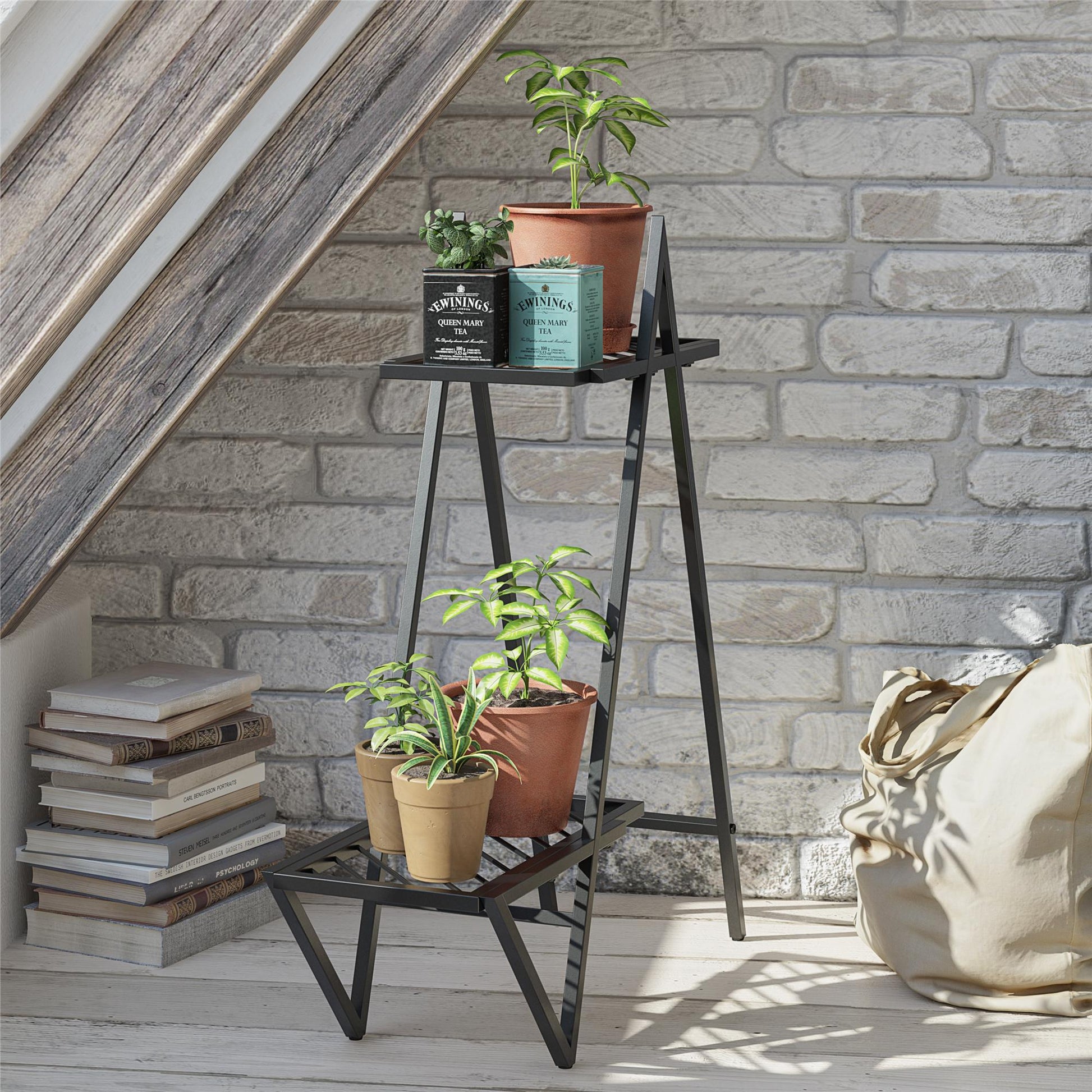 Botanika Plant Stand with 2 Metal Shelves for Potted Flowers - Black