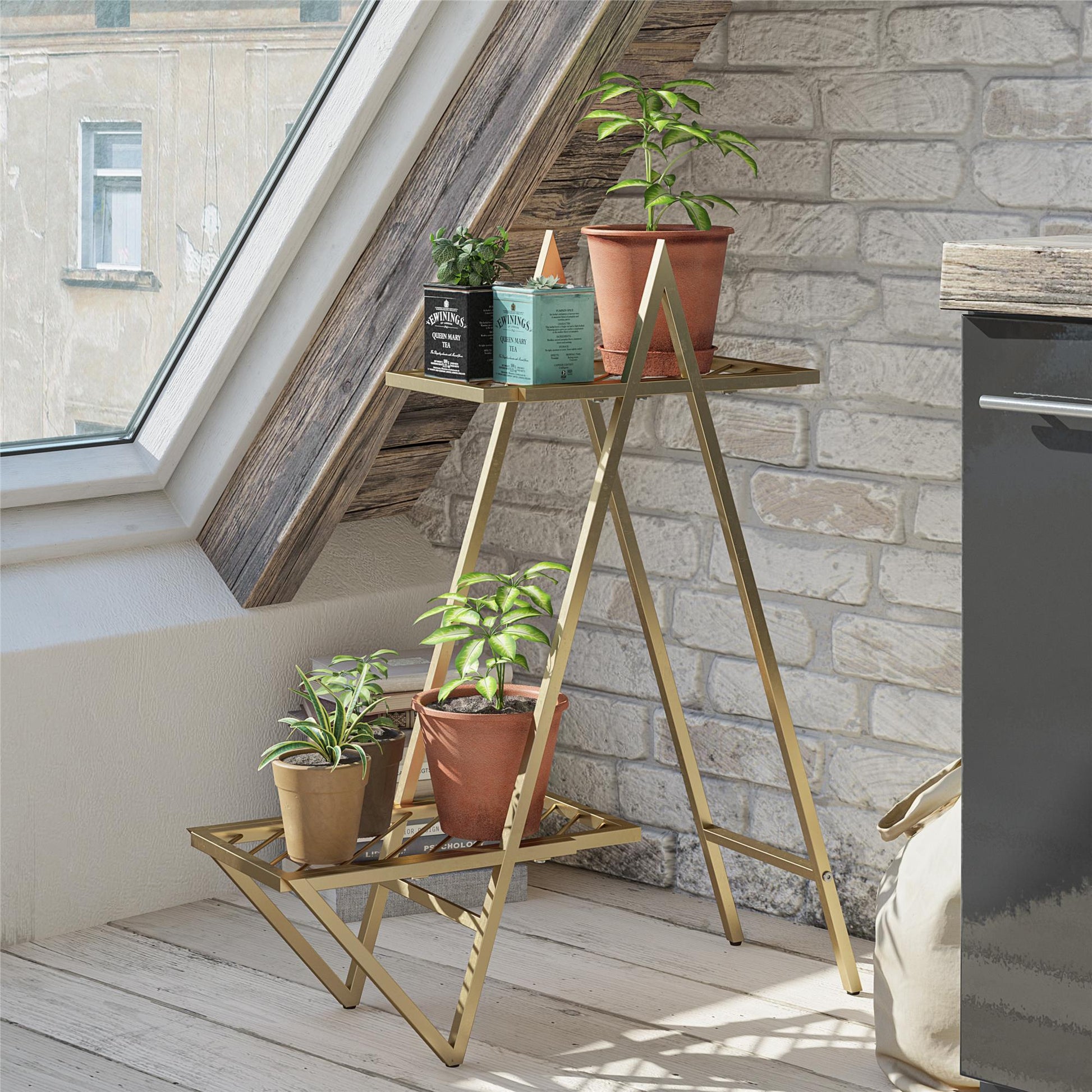 Botanika Plant Stand with 2 Metal Shelves for Potted Flowers - Gold