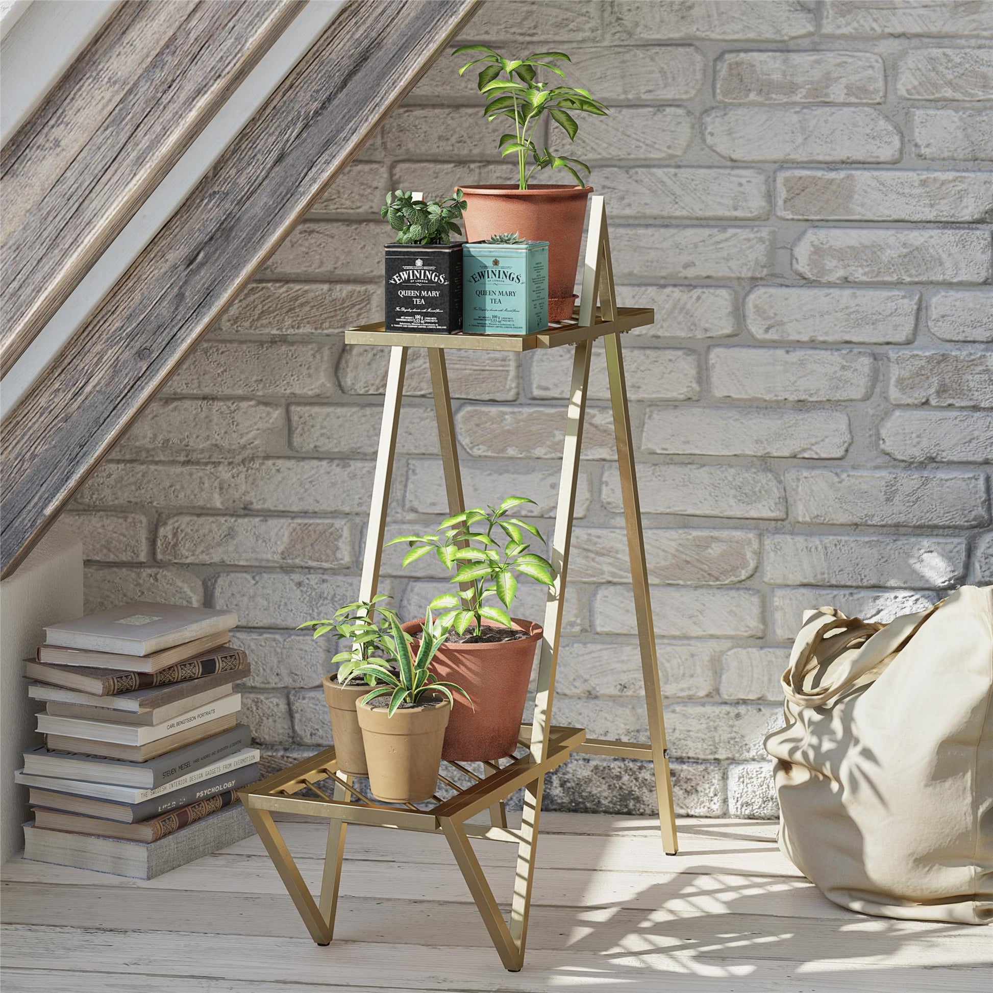 Botanika Plant Stand with 2 Metal Shelves for Potted Flowers - Gold