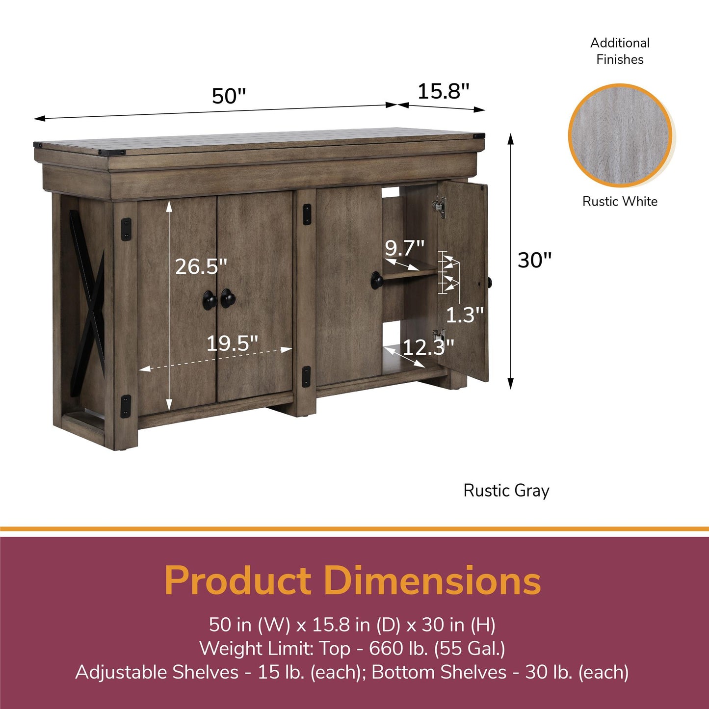 Wildwood 55 Gallon Aquarium Stand with 4 Doors and 4 Shelves - Rustic White