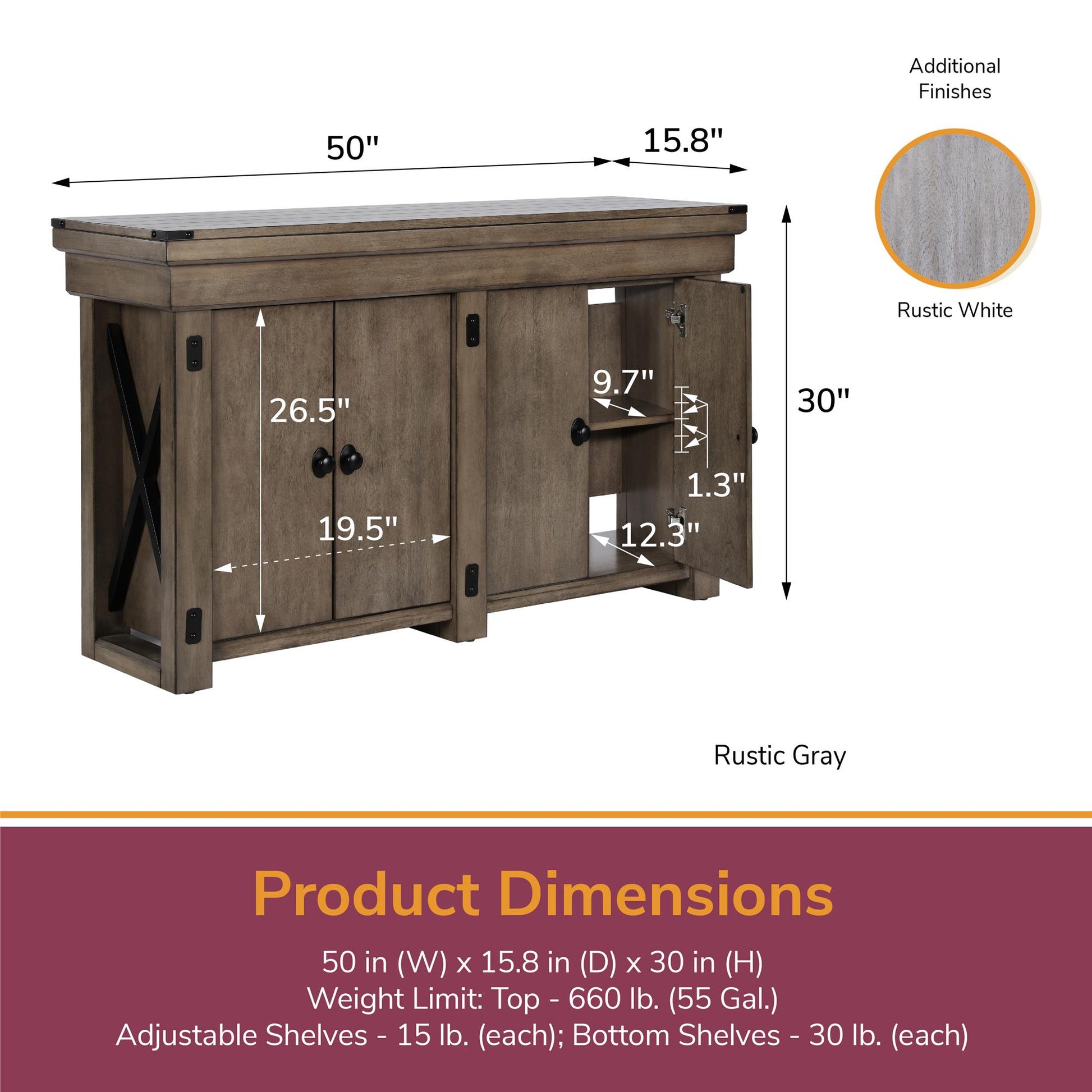 Wildwood 55 Gallon Aquarium Stand with 4 Doors and 4 Shelves - Rustic White