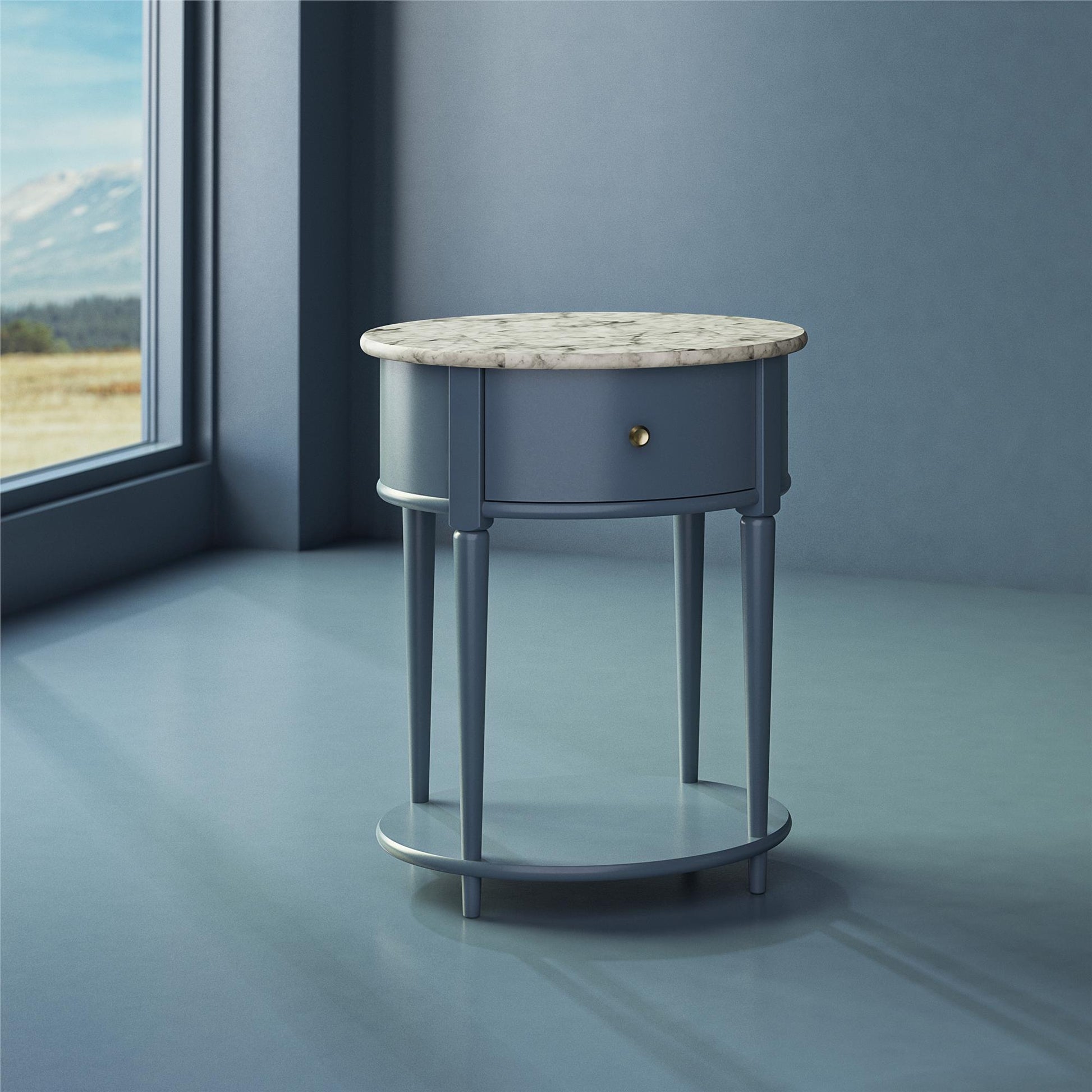Aurora Rounded End Table with Drawer and Lower Shelf - Her Majesty Blue
