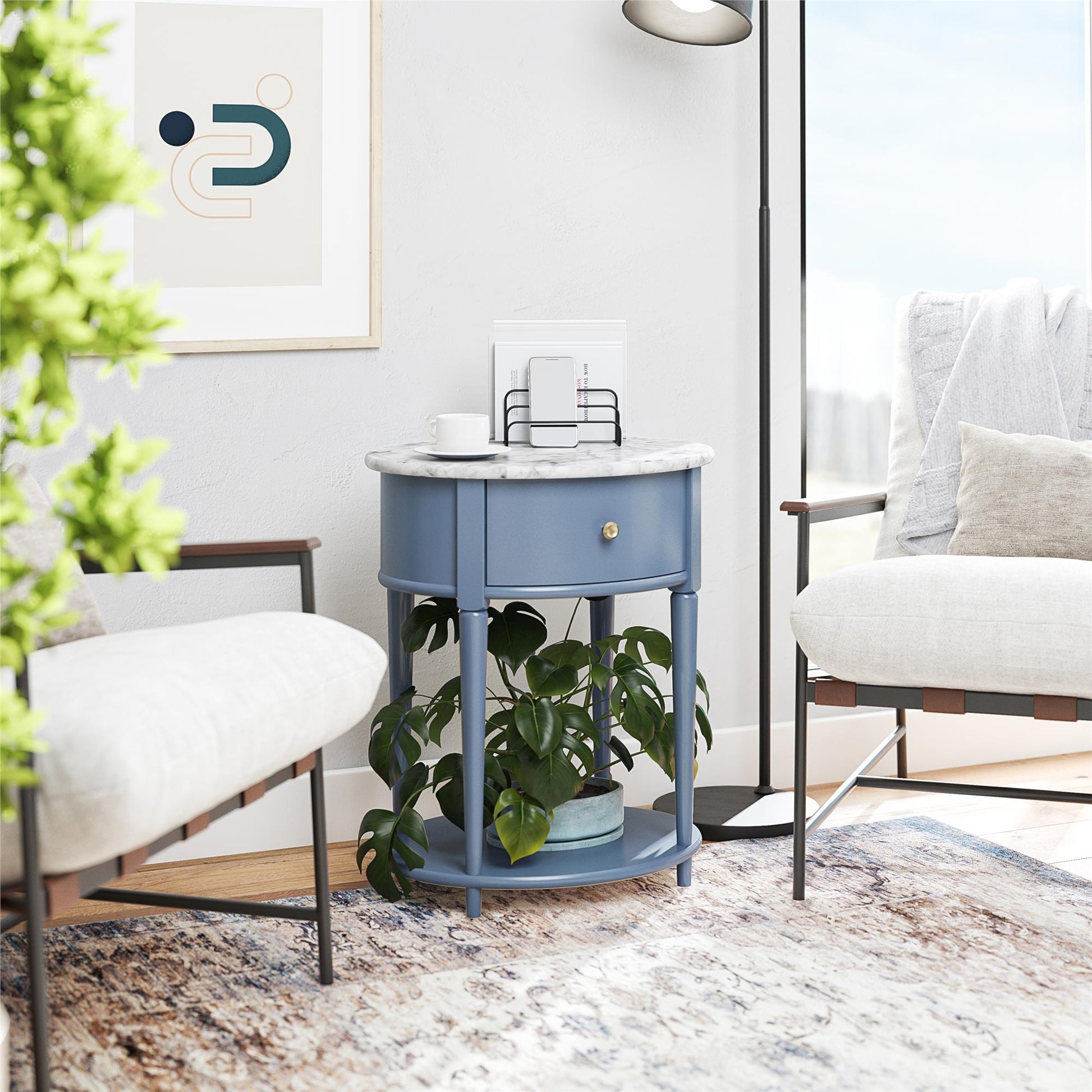 Aurora Rounded End Table with Drawer and Lower Shelf - Graphite