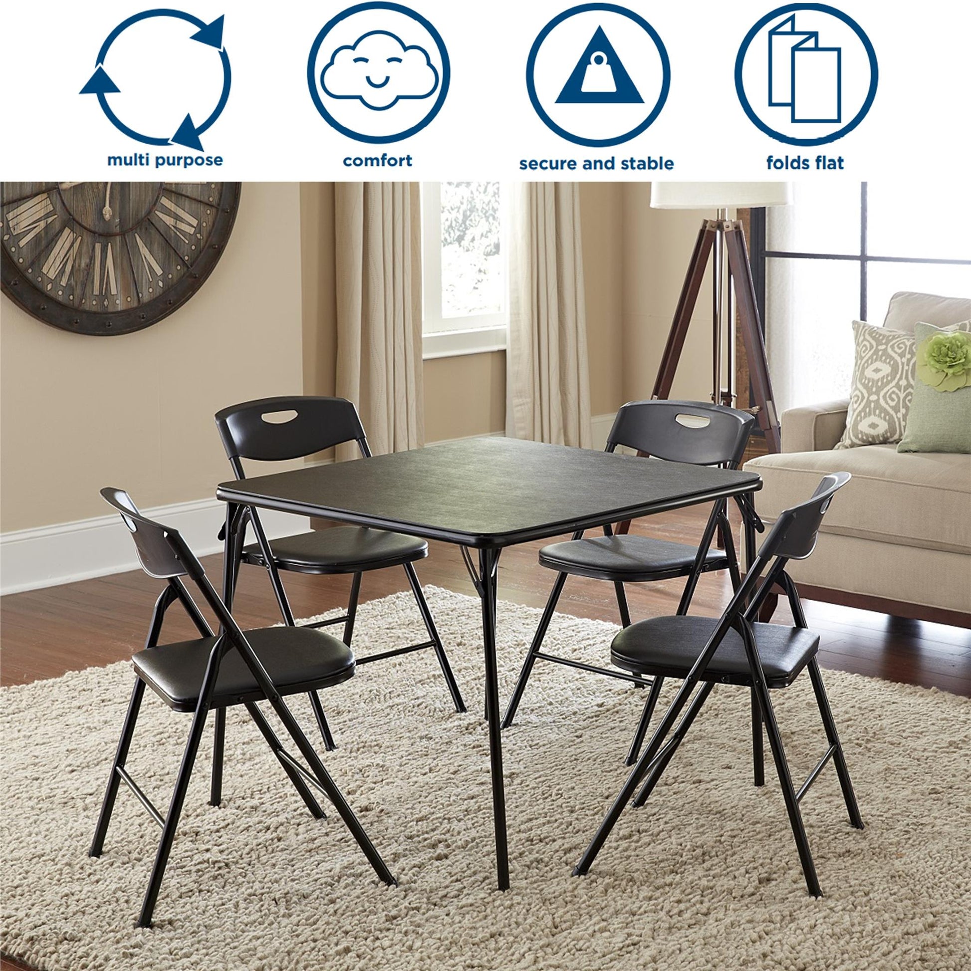 5 Piece Folding Dining Table and Chairs Set with Steel Frame and Vinyl Top - Black - 5 Piece
