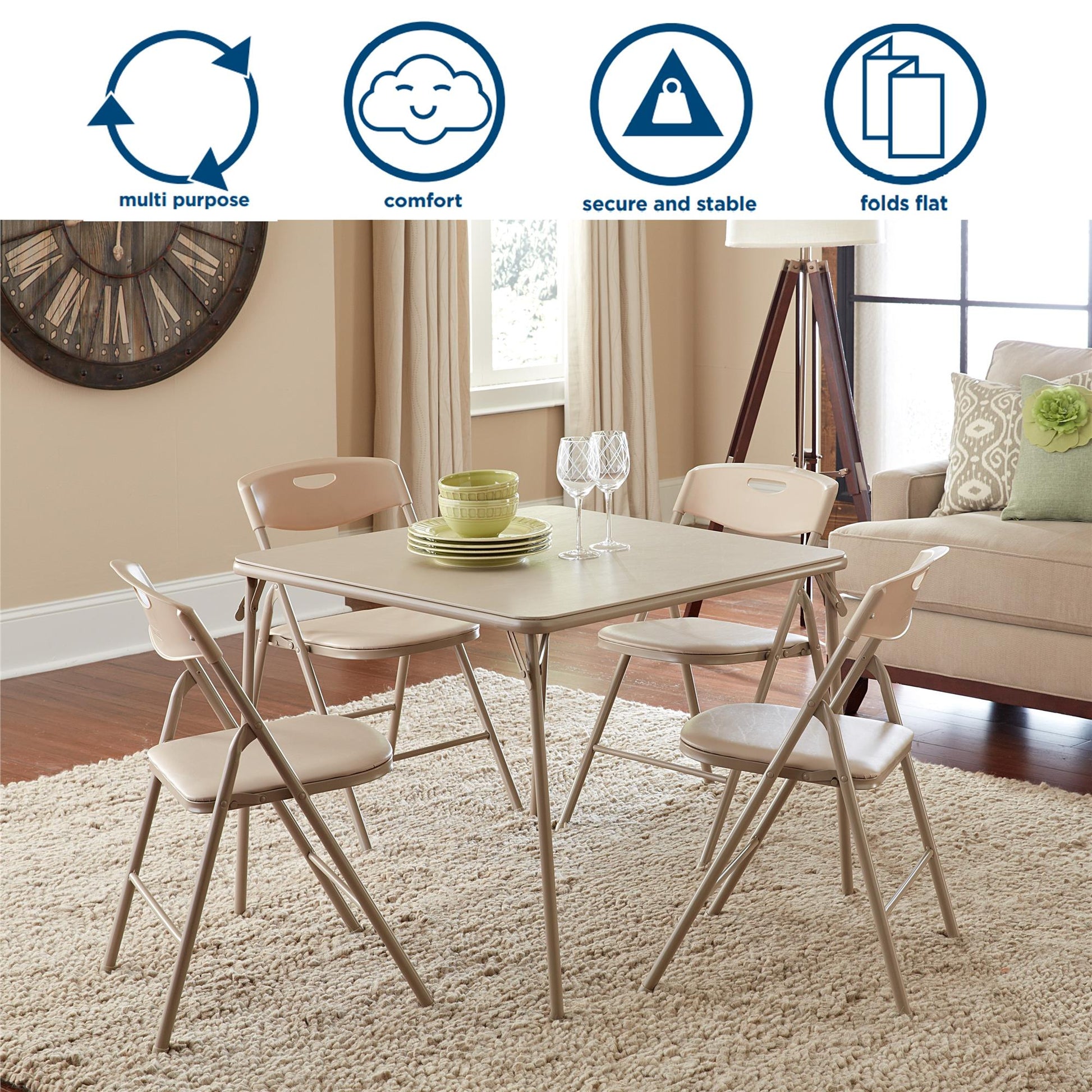 5 Piece Folding Dining Table and Chairs Set with Steel Frame and Vinyl Top - Antique Linen - 5 Piece