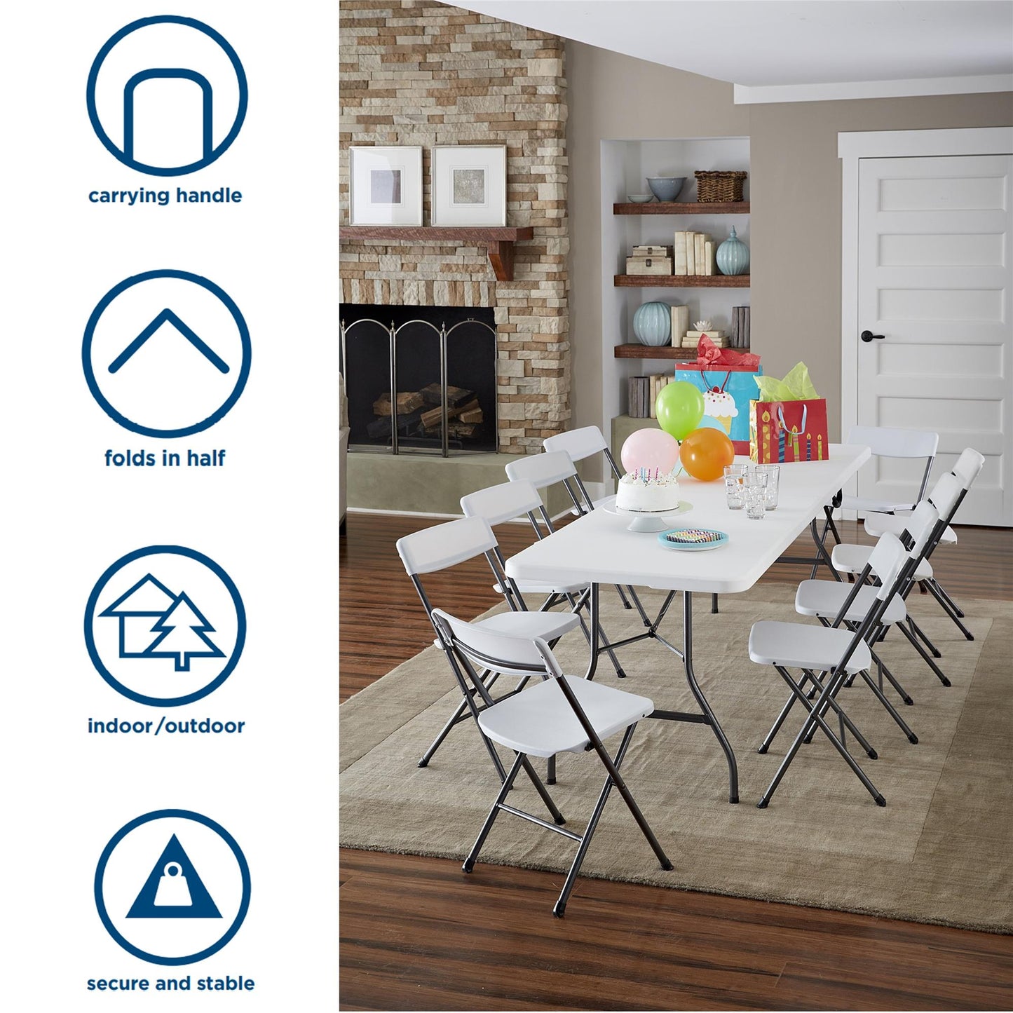 8 ft Fold-in-Half Banquet Folding Table with Handle - White - 8’ FIH