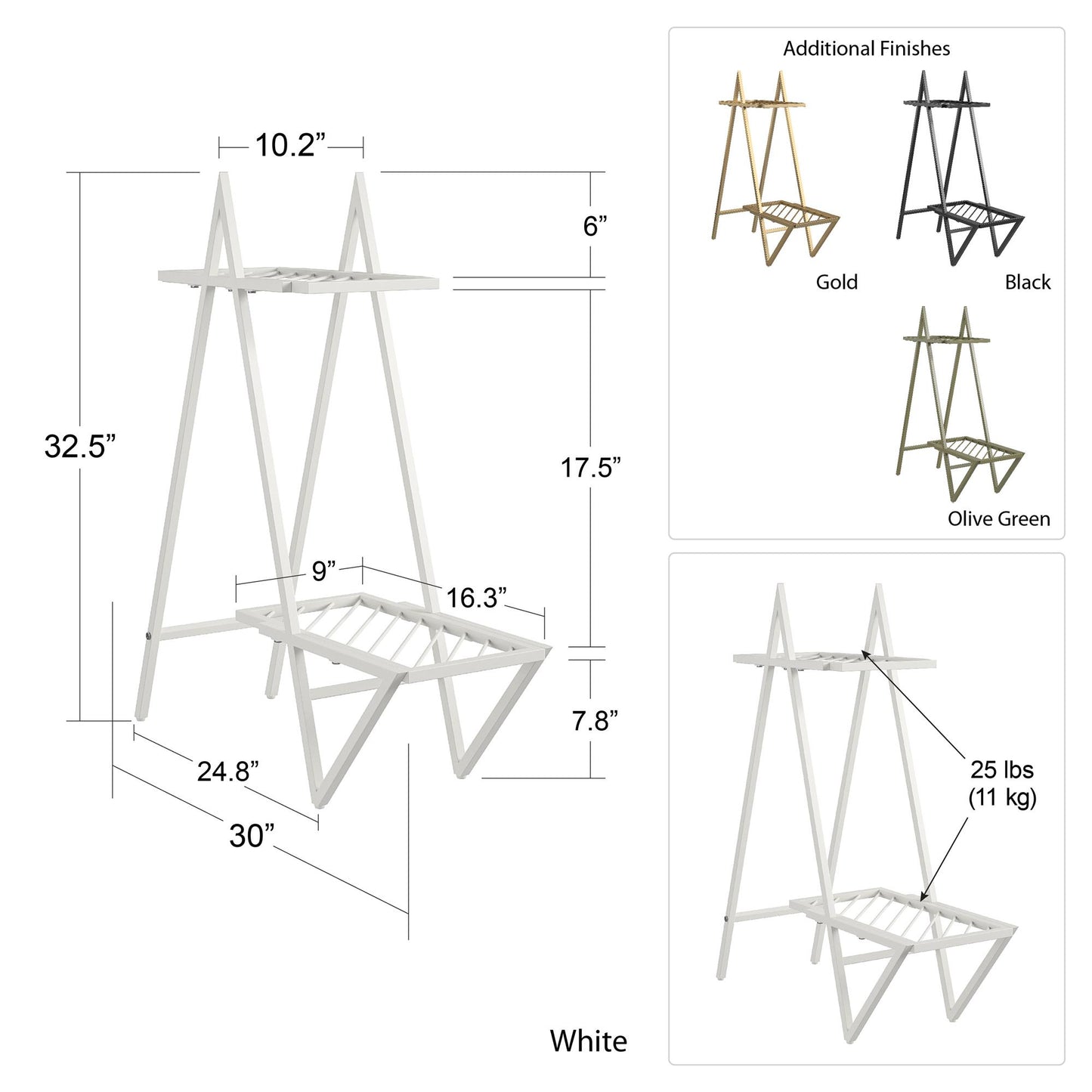 Botanika Plant Stand with 2 Metal Shelves for Potted Flowers - White