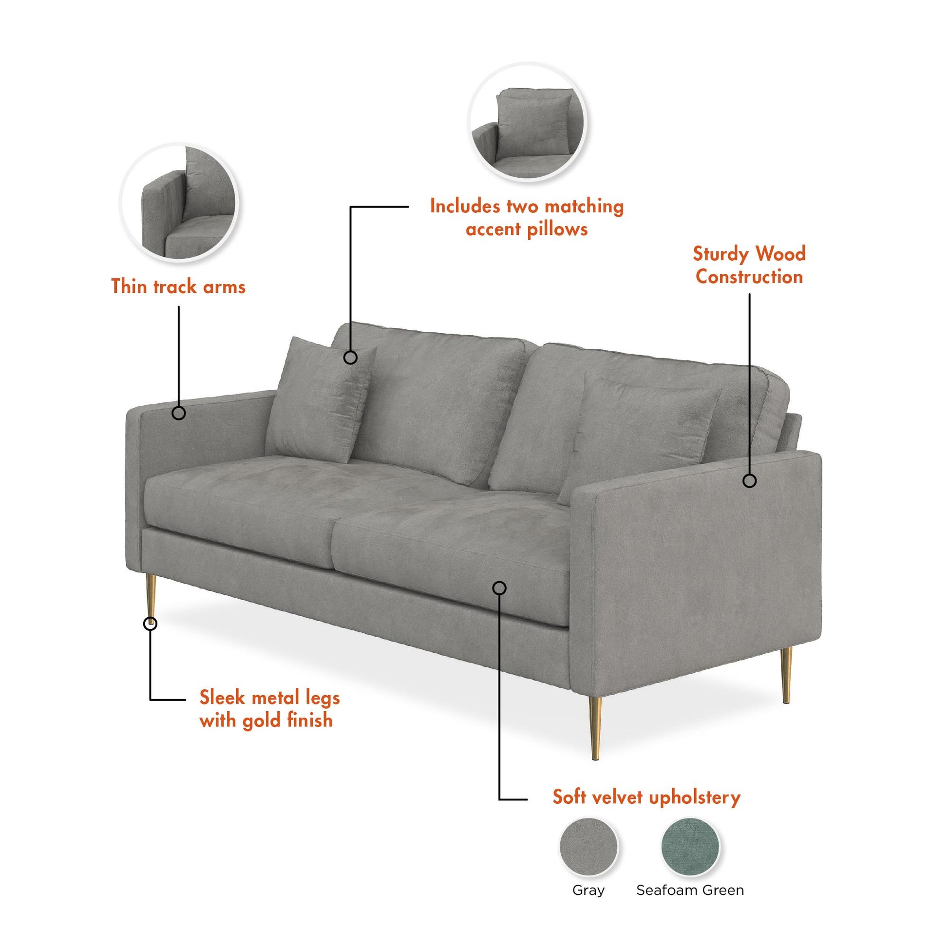 Highland 72 Inch Velvet Sofa with Matching Pillows - Gray