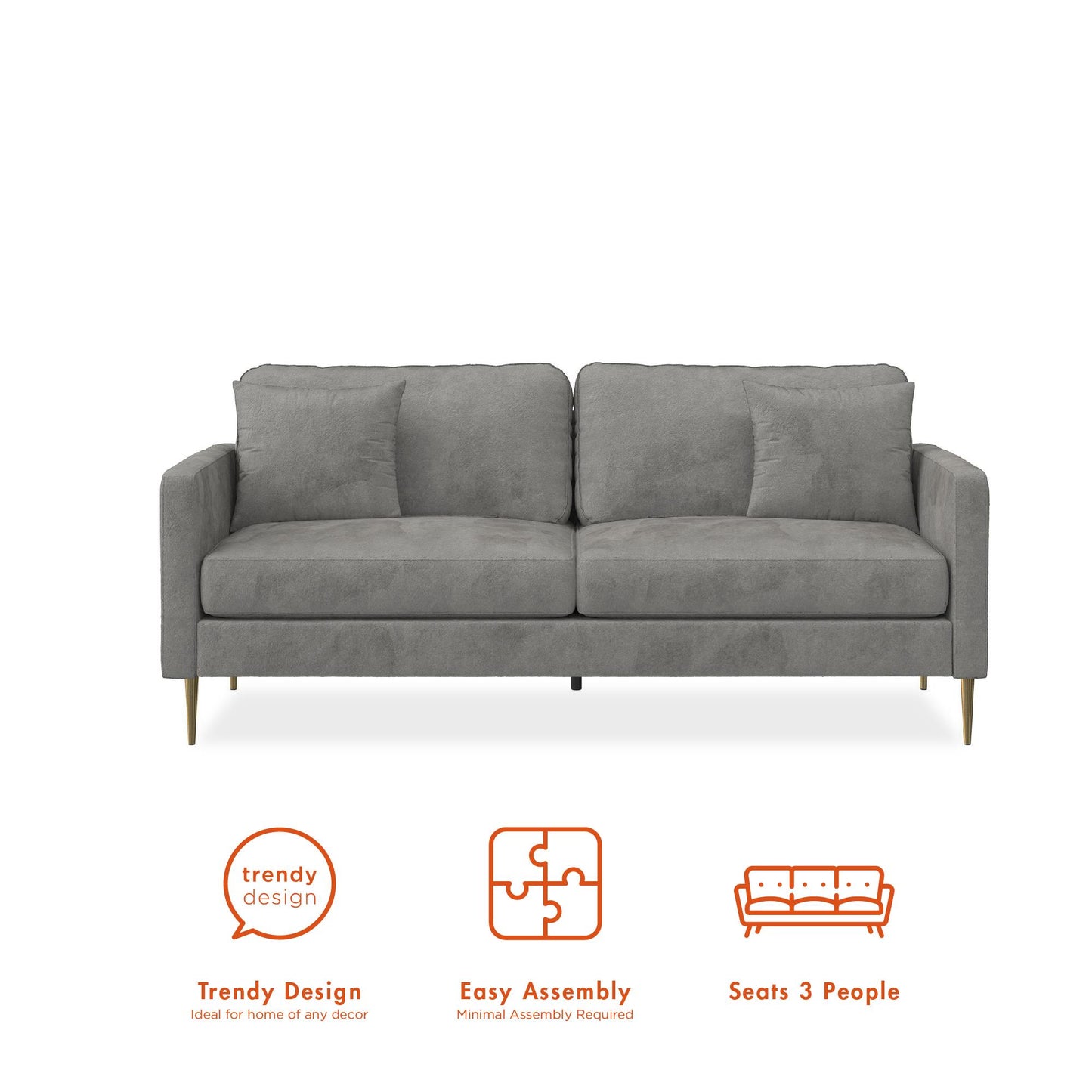 Highland 72 Inch Velvet Sofa with Matching Pillows - Gray