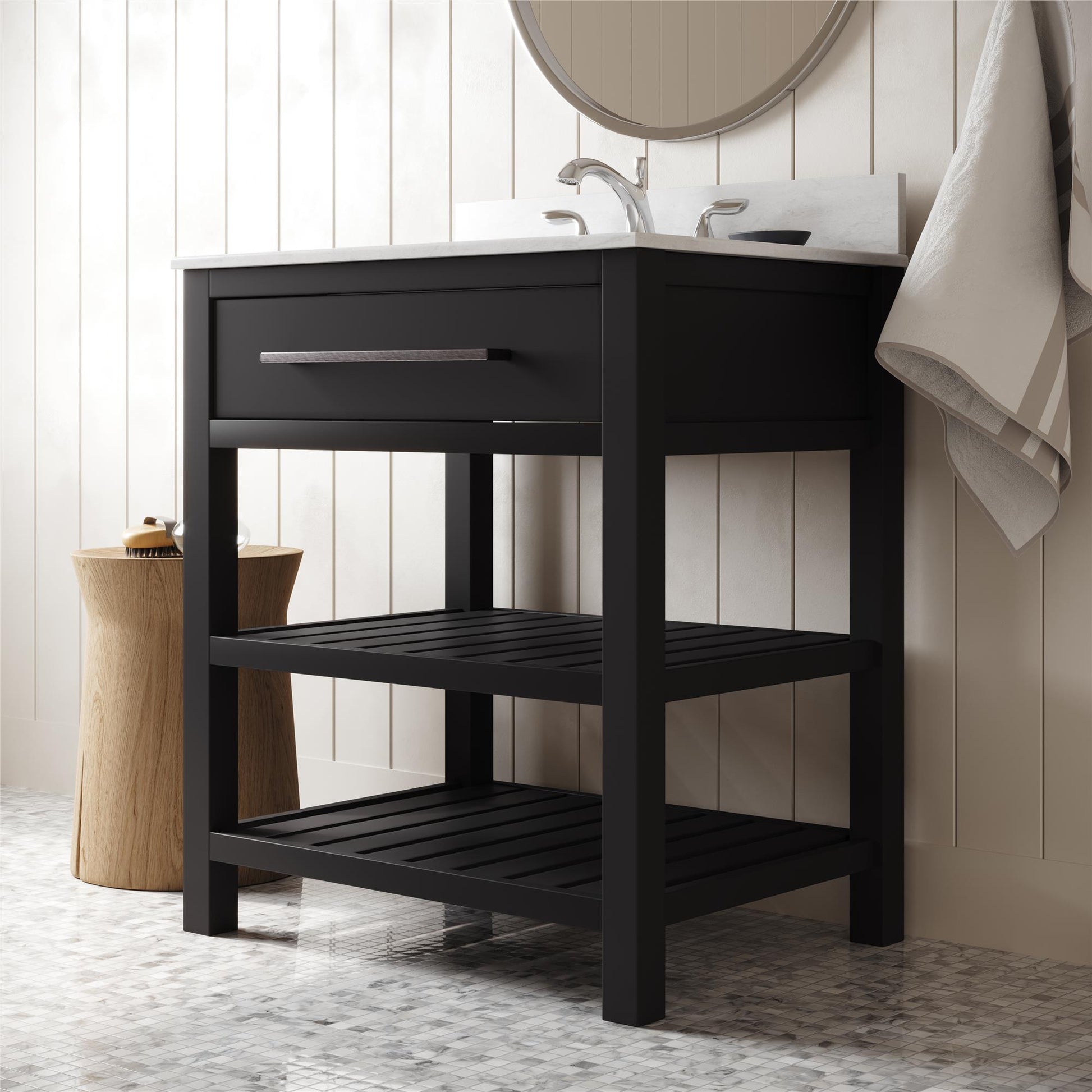 Camden Bathroom Vanity with Ceramic Sink and Metal Towel Rack - Black - 30"