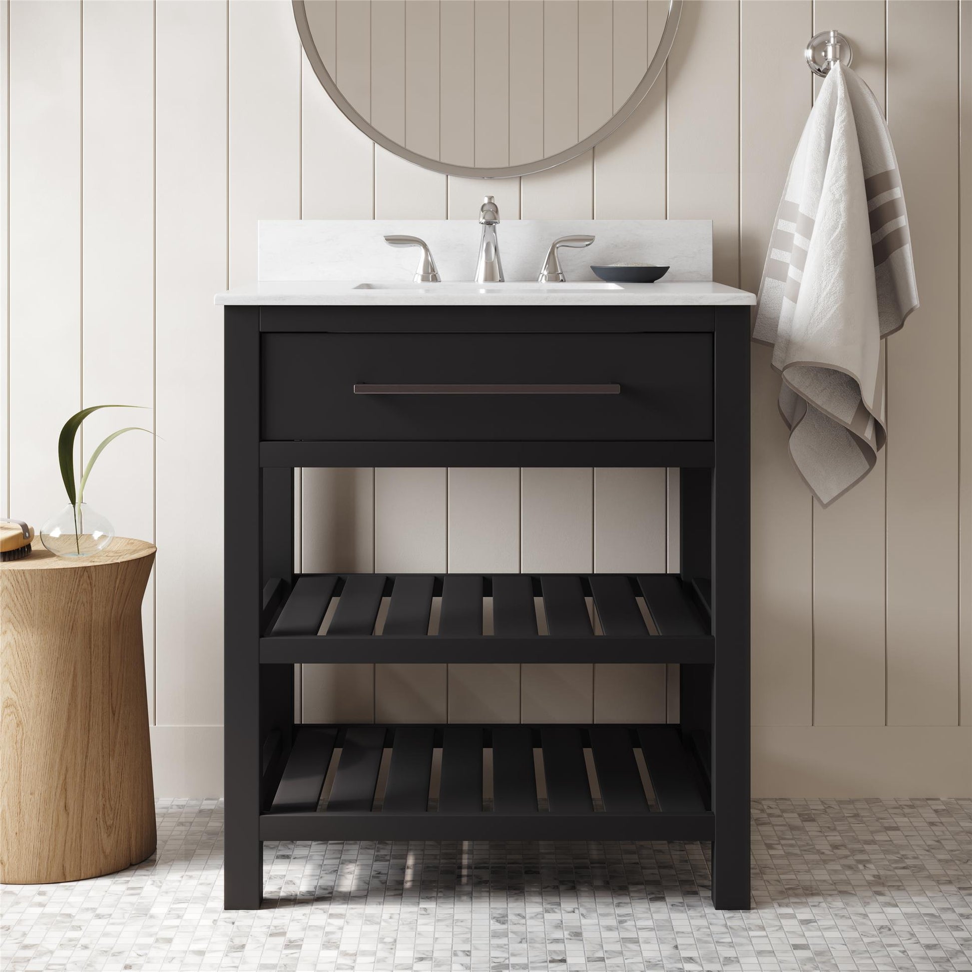 Camden Bathroom Vanity with Ceramic Sink and Metal Towel Rack - Black - 30"